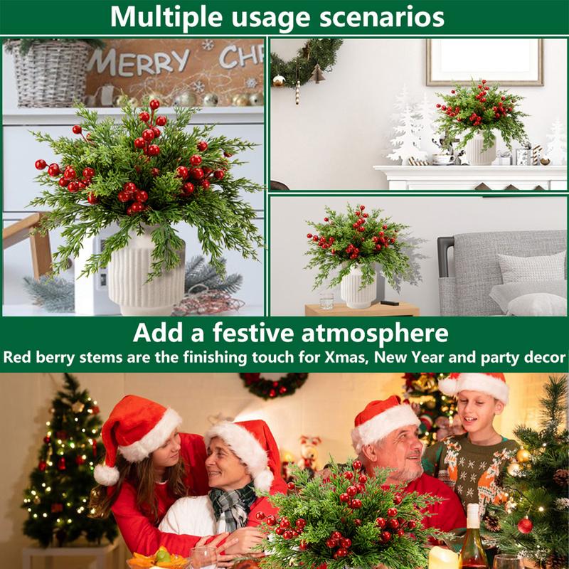 45 Pcs Christmas Artificial Pine Branches with Red Berry Stems- 10.5" Faux Evergreen Norfolk Pine Cypress Leaves Stems- Fake Foliage Pine Needles Picks for DIY Craft Garland Home Decor