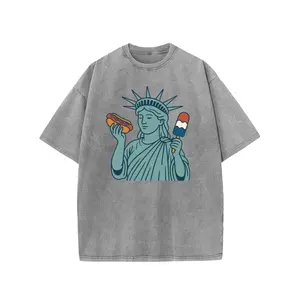 Digitex Unisex Acid Wash T-Shirt Crew Neck Short Sleeve Funny Liberty Figure Hot Dog Red White Blue Popsicle Cartoon Vintage Casual Street Tee