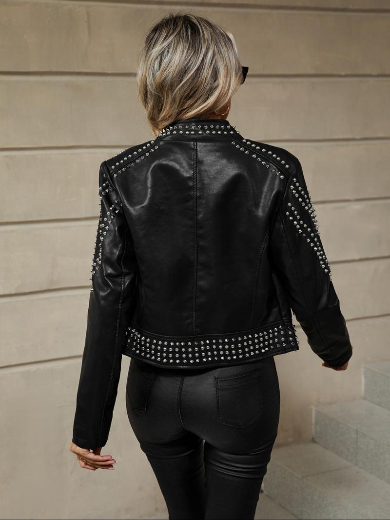 Women's Spring Autumn Jacket, Casual Fitted Long Sleeve, Vintage Stand Collar, Rivet Motorcycle Jacket with Zipper Pockets