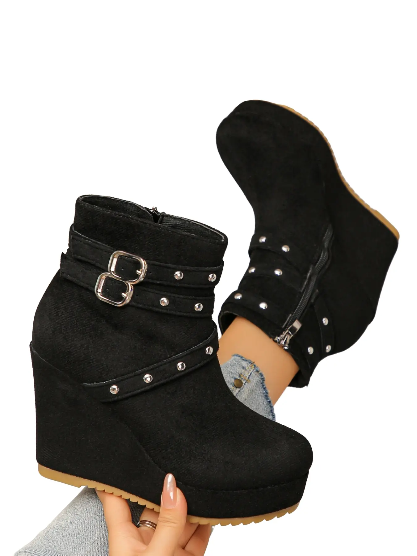 Punk Rivet Buckle Wedge Short Boots for Women, Fall Winter Thick Sole Waterproof Platform Side Zip Boots, Retro Height-Boosting Style