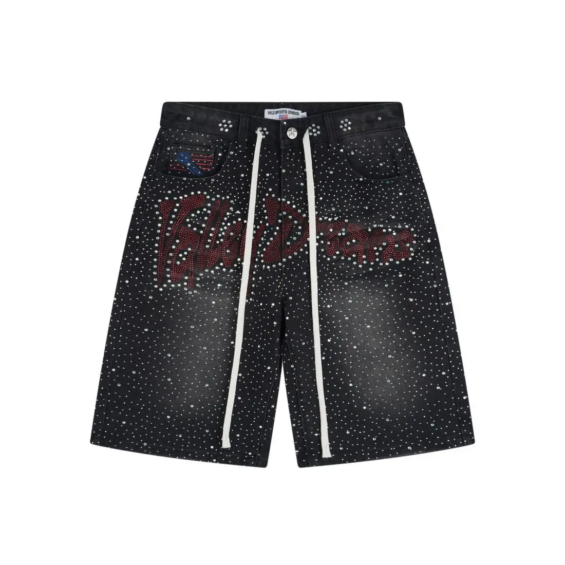 Full Rhinestone Shining Vintage Washed Baggy Denim Shorts Harajuku Y2K Streetwear Letter Embroidery Bling Diamond Loose Knee Length Hip Hop Casual Trendy Sparkly Distressed Jeans Shorts For Men Unisex, Hoodie, Party, Fashion, Vibe