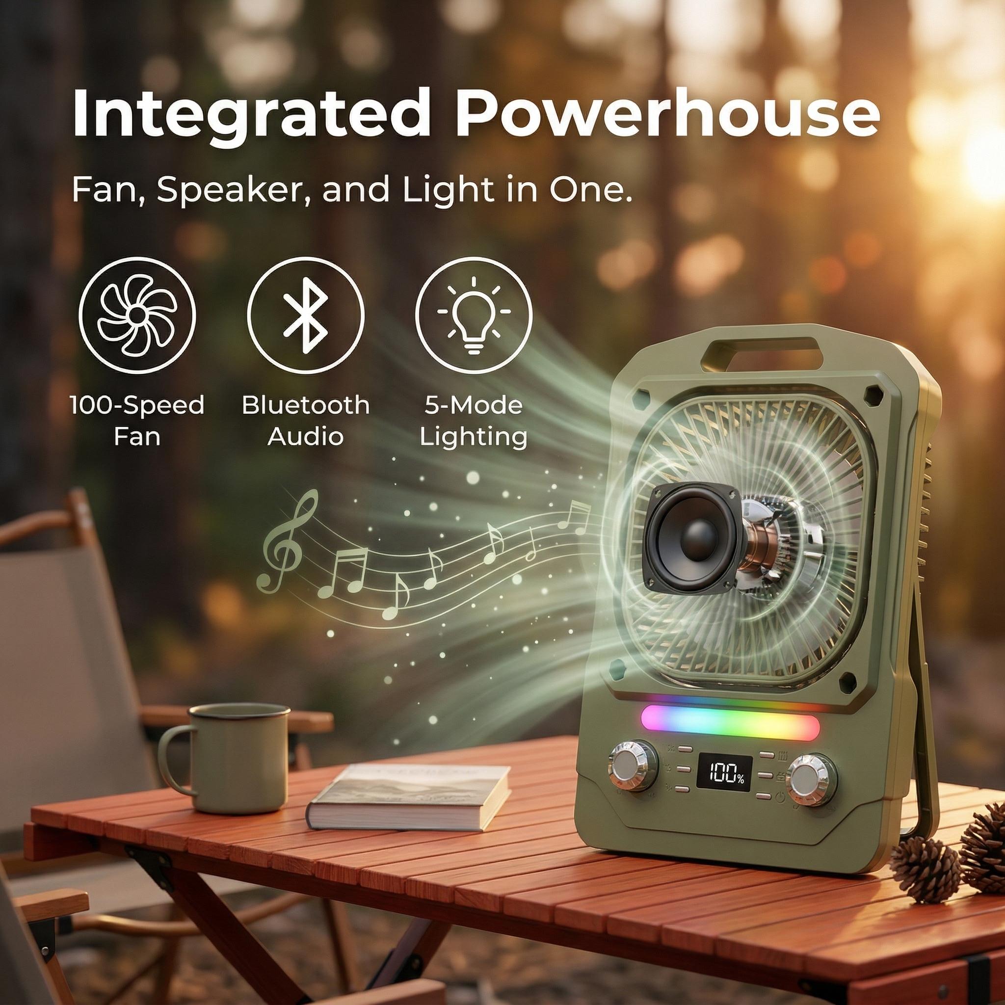Fan + Speaker + Light in One Portable Camping Fan with 100 Speeds, Bluetooth Audio, SOS Light, Timer & Hanging Design