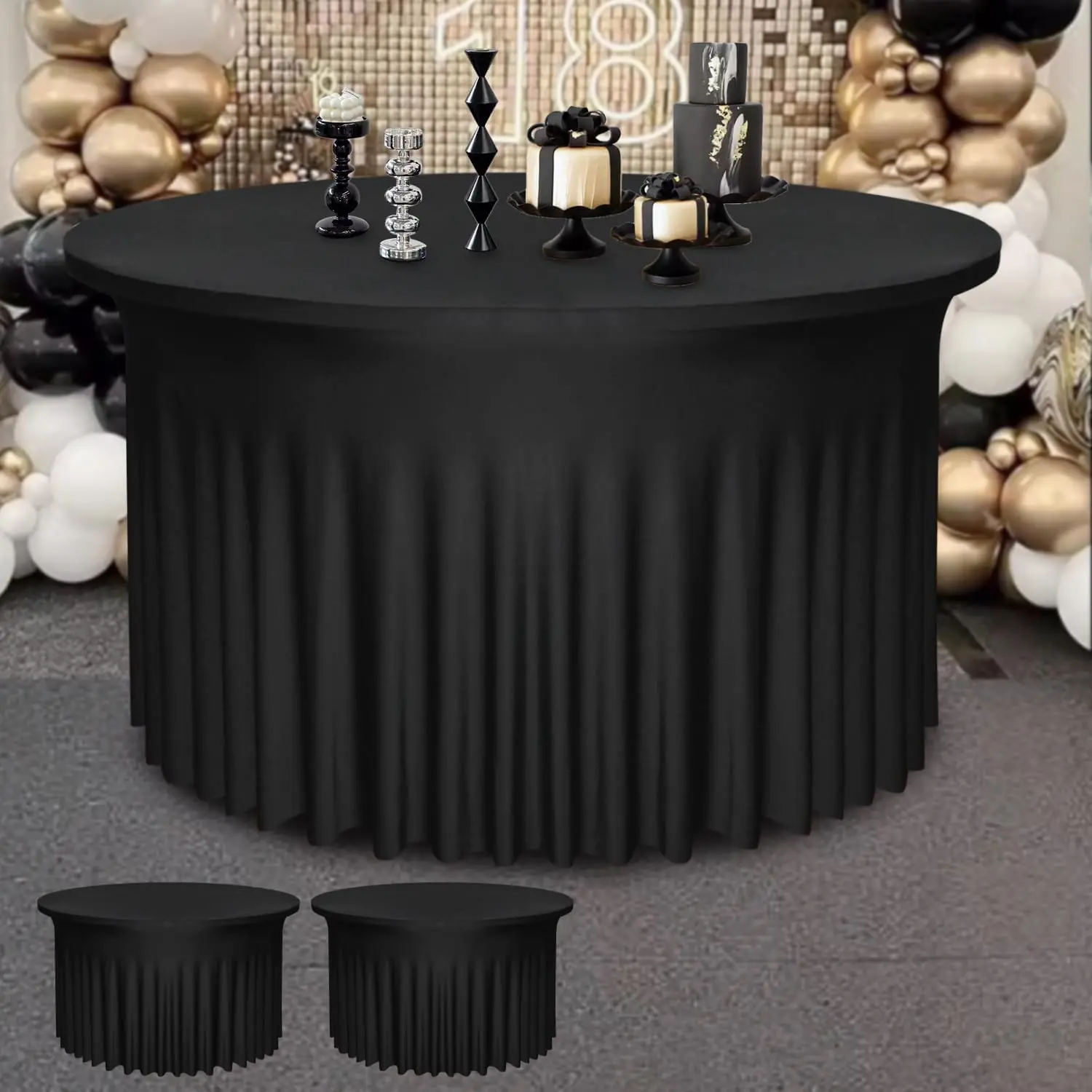 2 Pack 48" Diameter x 30" Height Black Table Skirt | Fits 4FT Round Tables |Polyester Spandex Round Table Cloths with Skirt|Stain Wrinkle Resistant for Wedding,Party,Dining,Banquet