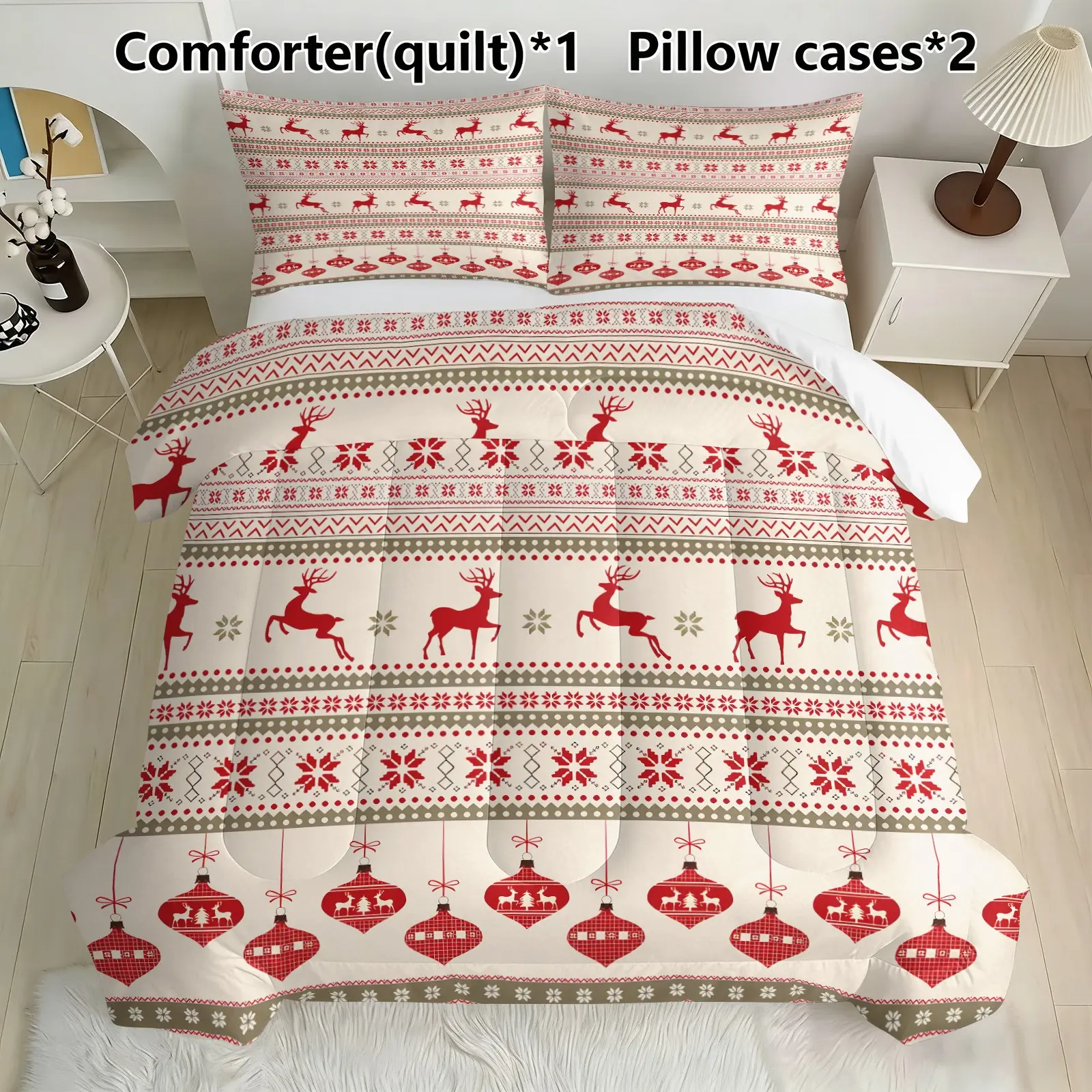 Fair Isle Christmas Reindeer Bedding Set, 1 Comforter + 2 Pillowcases, Nordic Knit Style, Cozy Winter Holiday Decor for Bedroom