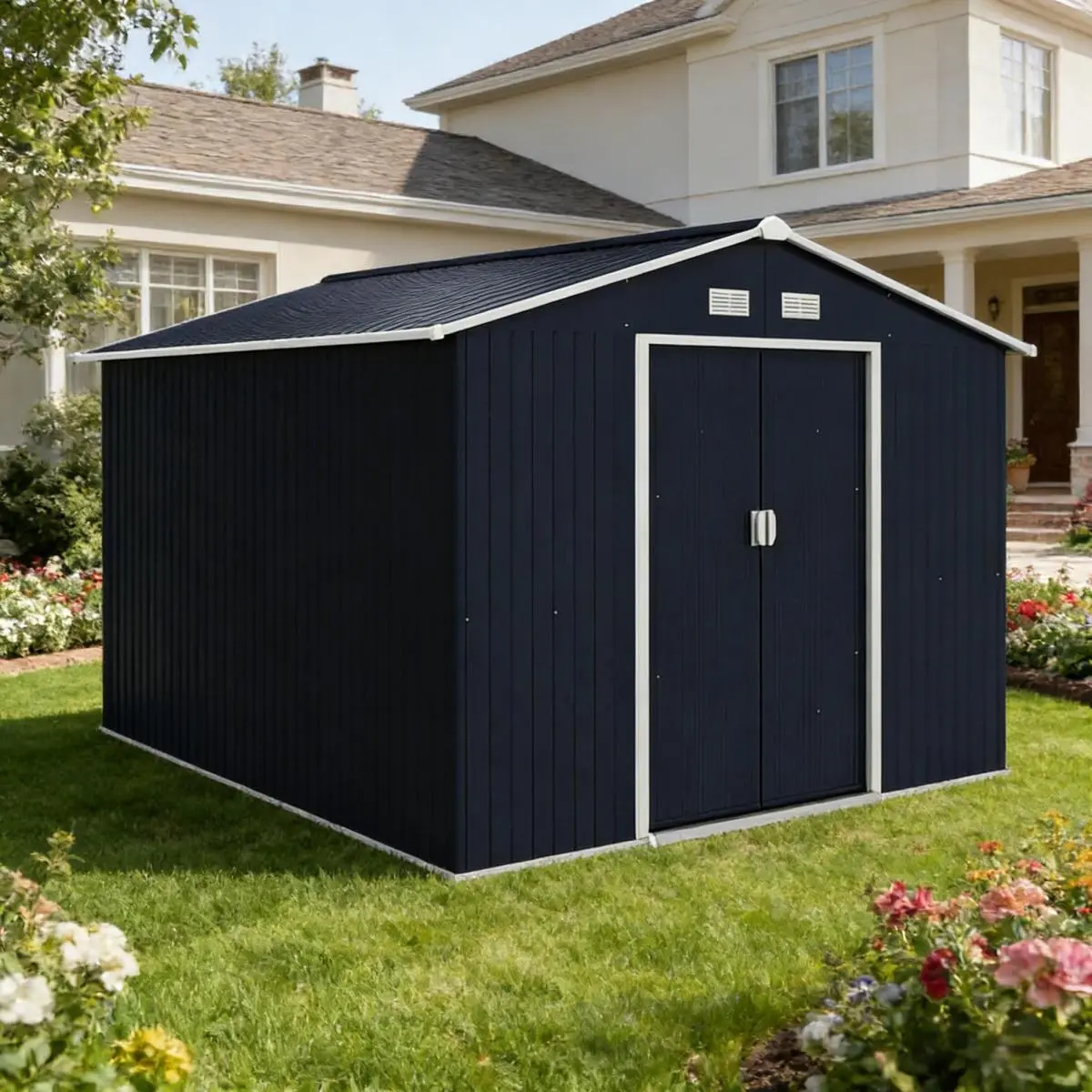 Aobtkel Spacious Durable Metal Tool Shed - 126.75" W x 109" D x 75.5" H Outdoor Storage Shed, Assembly Required, Convenient Access with Sliding Doors