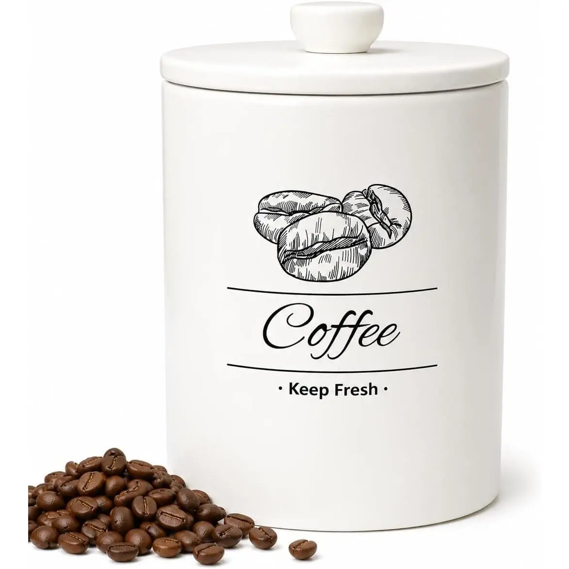 Airtight Coffee Canister - 66 fl oz / 2L Large White Ceramic Coffee Container Airtight - 5.5'' Round × 8.2'' Tall Coffee Bean Storage - Stylish Ceramic Coffee Jar With Lid for Grounds & Beans
