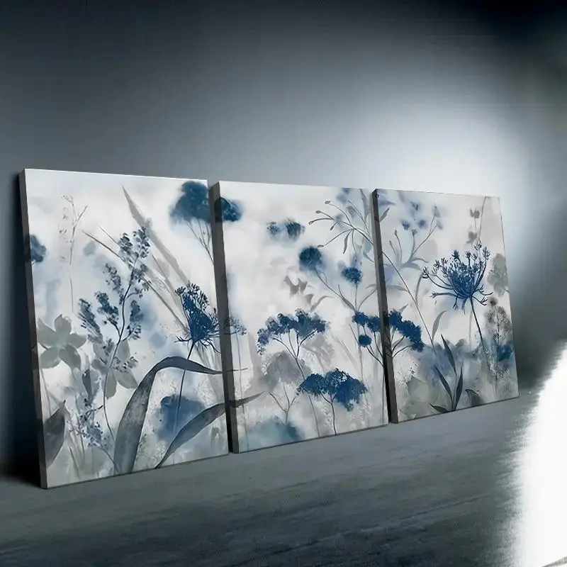 2D panel, 3 pieces of blue floral, abstract plant - modern abstract wall decoration, framed and ready to hang securely, suitable for aesthetic wall decor in living rooms, offices, and cafes - perfect gift for Thanksgiving, Halloween, Christmas, and New Ye