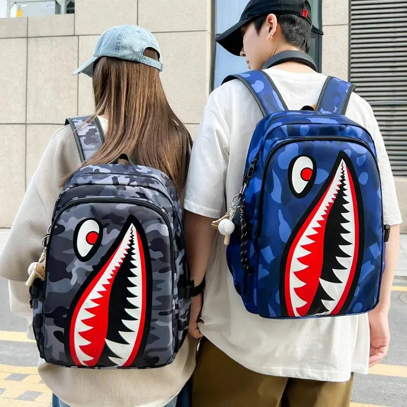 Night Light Backpack with USB Elementary Bookbag Travel Rucksack Cartoon Shark Print Primary School Student Satchel Backpack