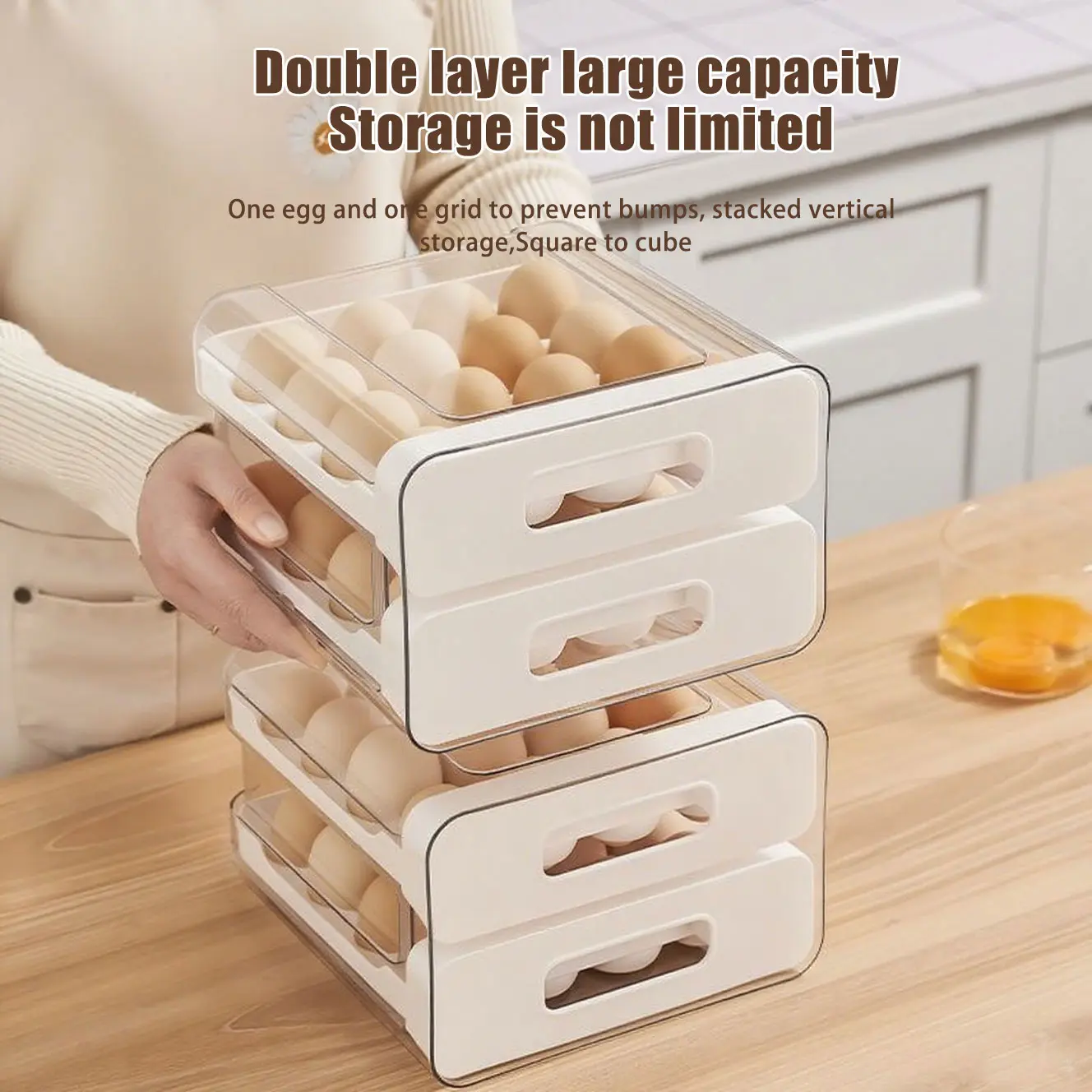 Clear Stackable 2-Tier Egg Storage Container with Drawer & Handles, 32-Egg Refrigerator Dispenser for Fridge & Countertop (Home Organizer Storage Box)