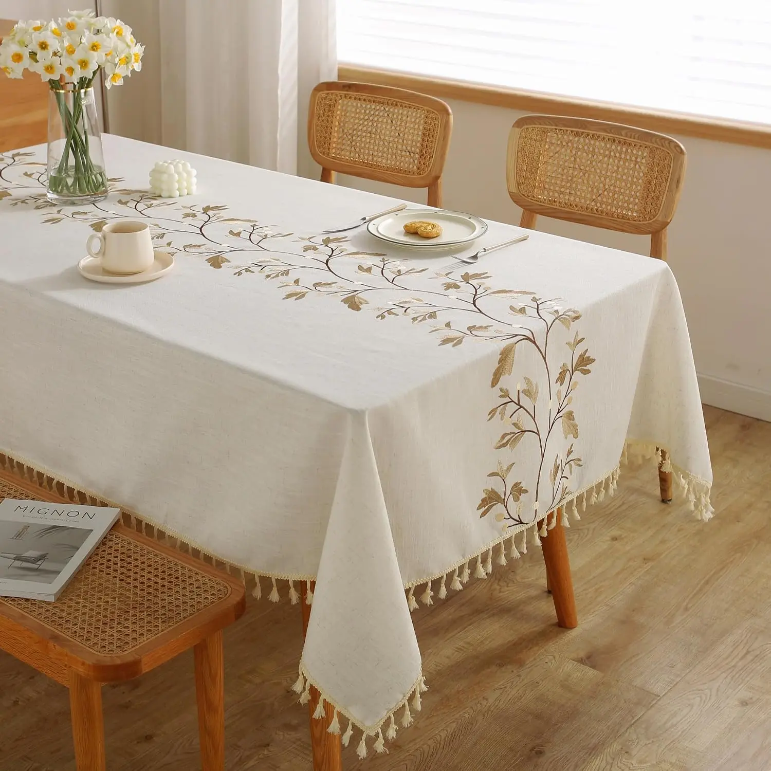 55''x86'' Rectangular Cotton Tablecloth for Rectangle Tables - High-Quality, Waterproof Coating, Stain-Resistant, Soft, Wrinkle-Free Farmhouse Tasseled Cover with Coffee Flower Pattern for Outdoor Use & Large Gatherings