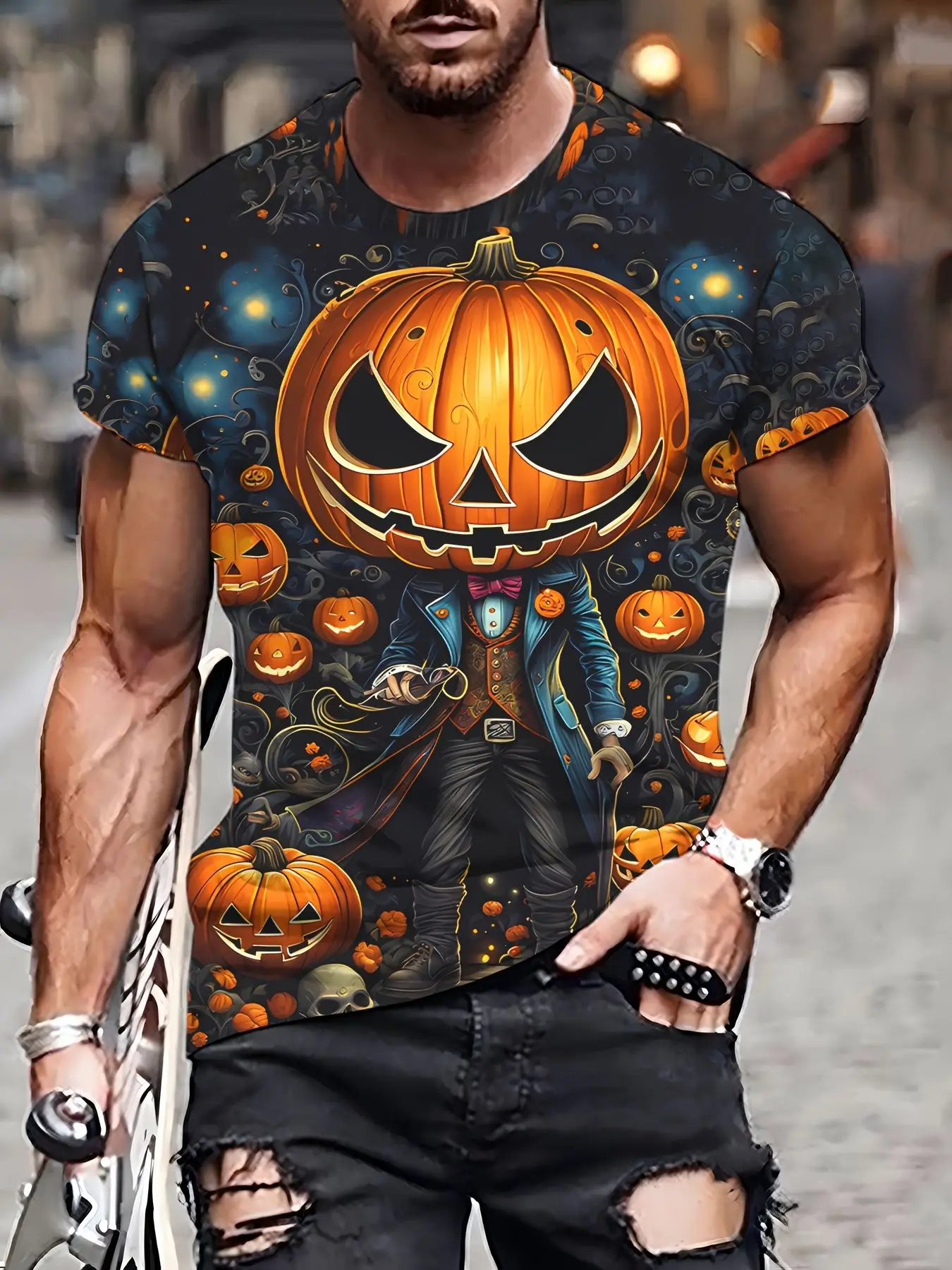 Halloween theme, 2026 men's 3D printed T-shirt, regular fit, 100% polyester material, 3D printing technology, crew neck design, machine washable and dry clean, pumpkin with suit and tie pattern, street style and casual wear