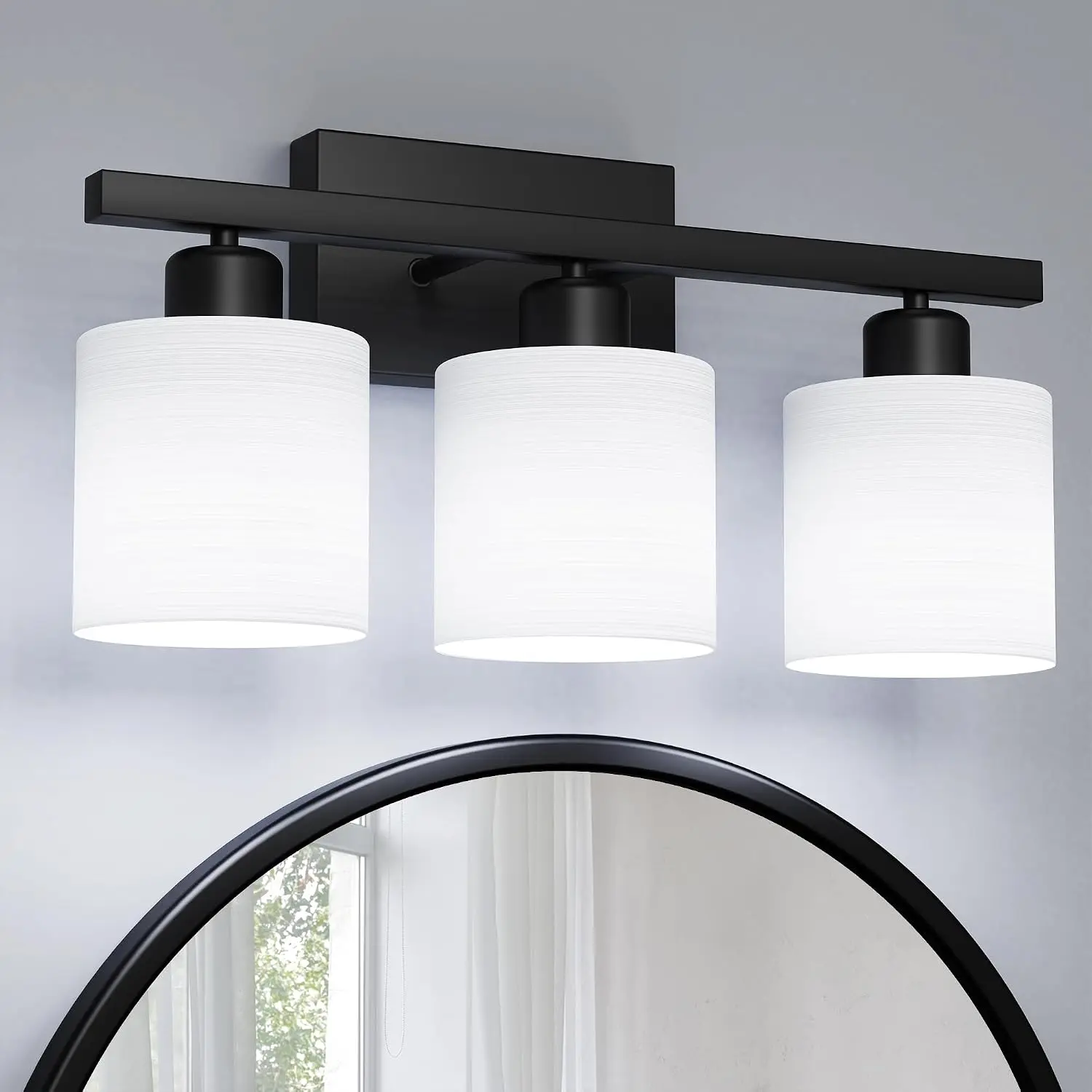 Bathroom Light Fixtures, Bathroom Lighting Fixtures Over Mirror, Interior Classic  Lights, Modern  Light with Textured White Glass Shade, Matte Black, 3-Light
