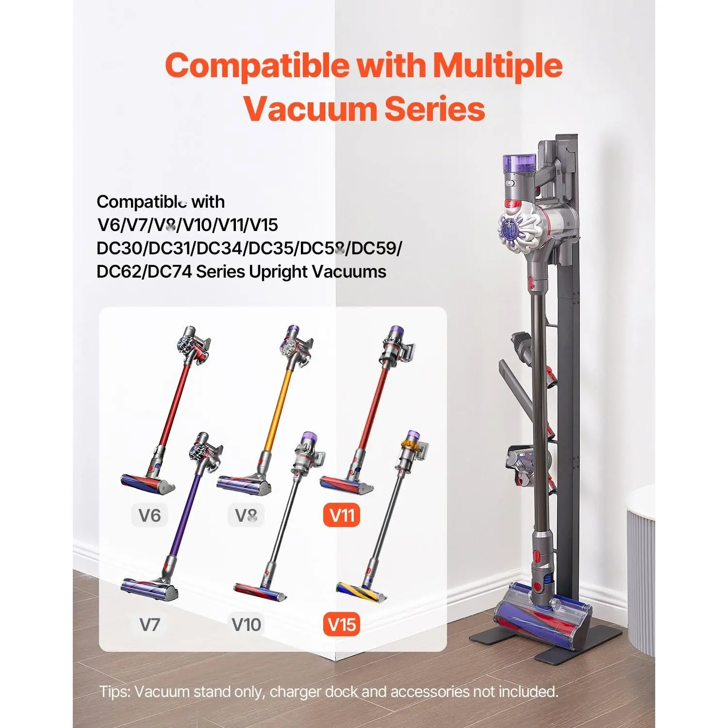 Minimalist Sturdy Vacuum Stand & Wall Mount Bracket for Dyson Multi-Models, 6-Hook Stable Storage Holder, Easy Assembly Space-Saving Organizer for Upright Vacuums, Accessories, Tools (Fits Room, Garage, Kitchen)