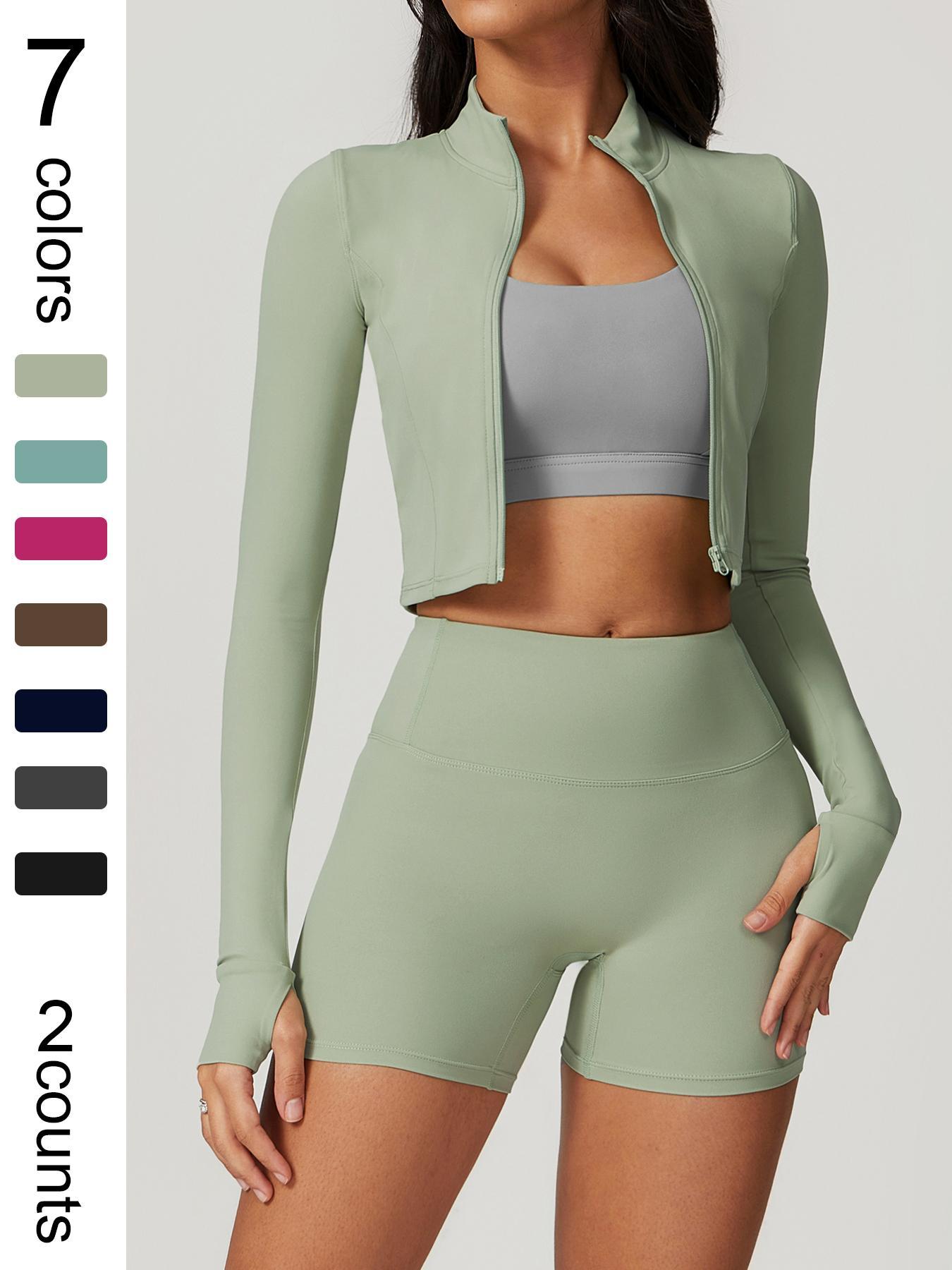 Women's high elastic soft standing neck zipper waist length shaping jacket high waist beautiful buttocks shorts yoga suit set Fitness Outfits Outdoor Running Cycling, Mountaineering Strolling Set Gym Sports Training Fashion Coat Shorts