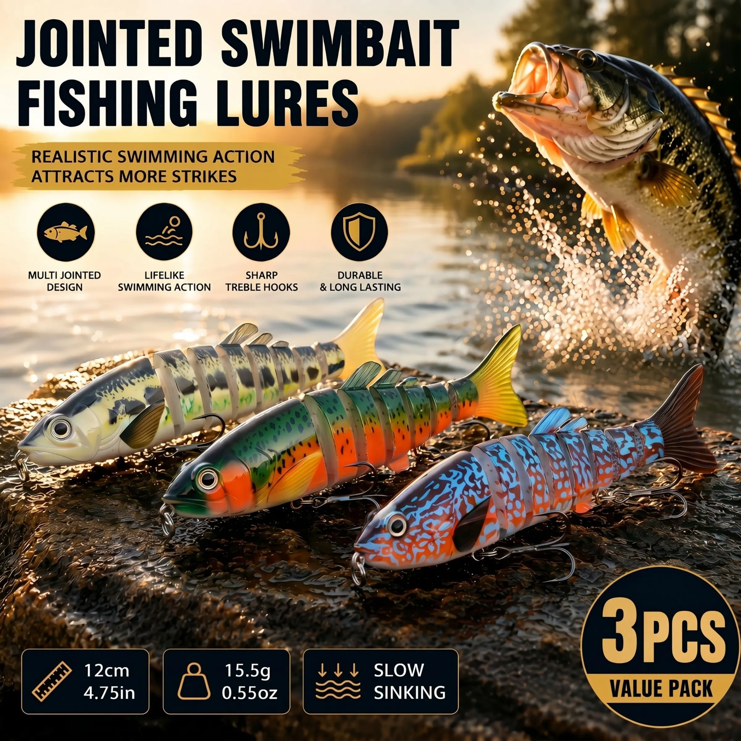Freshwater Fishing Lure Kit for Beginners,3PCS Large Multi-Jointed Swimbaits with Natural Swimming Motion, Realistic Predator Lures for Bass, Pike & Walleye
