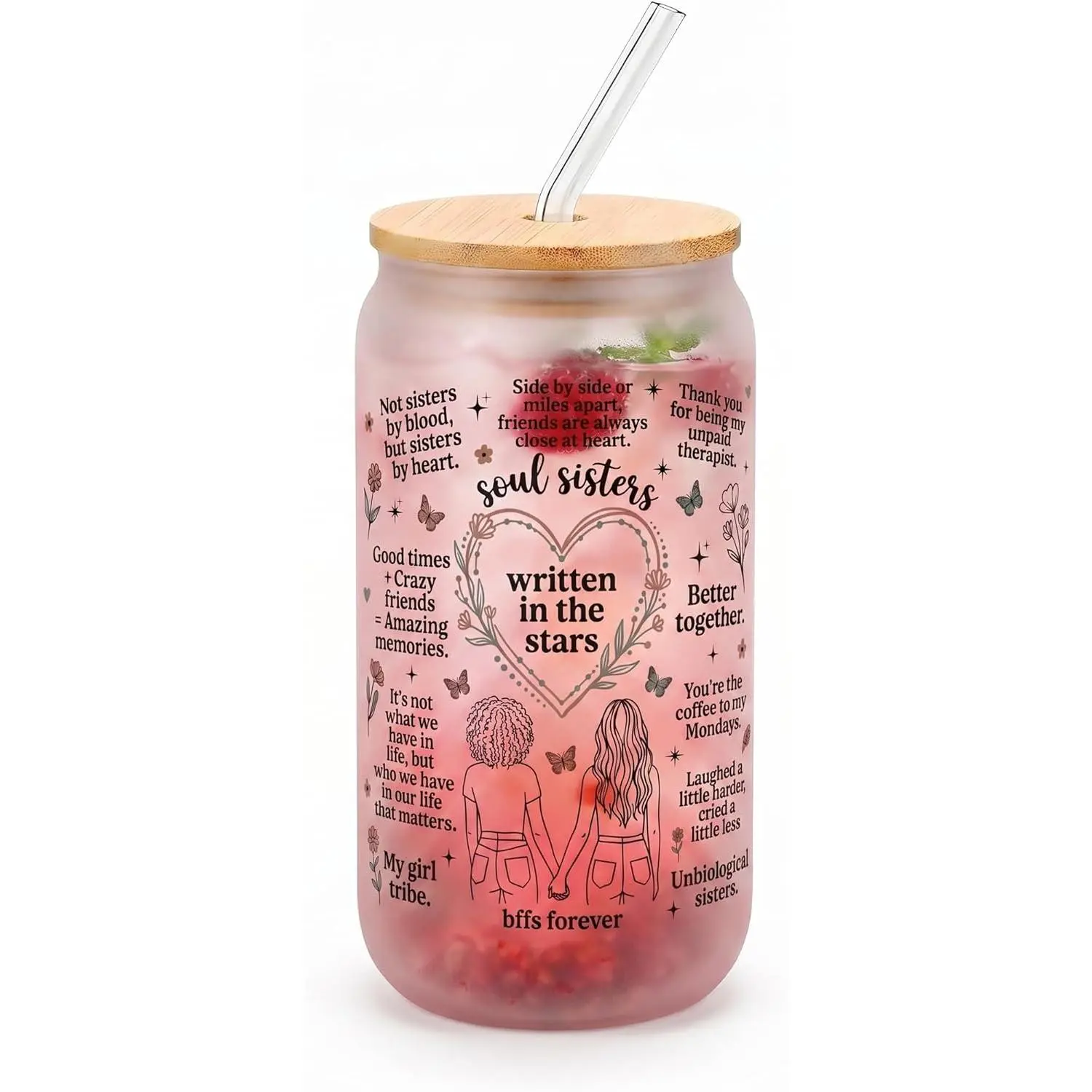 Soul Sister Bestie Gifts for Women 16oz Glass Cup with  Lid Straw Got to Choose,  Sister  from Sisters, Birthday Christmas  for ,  Friendship Gifts Idea