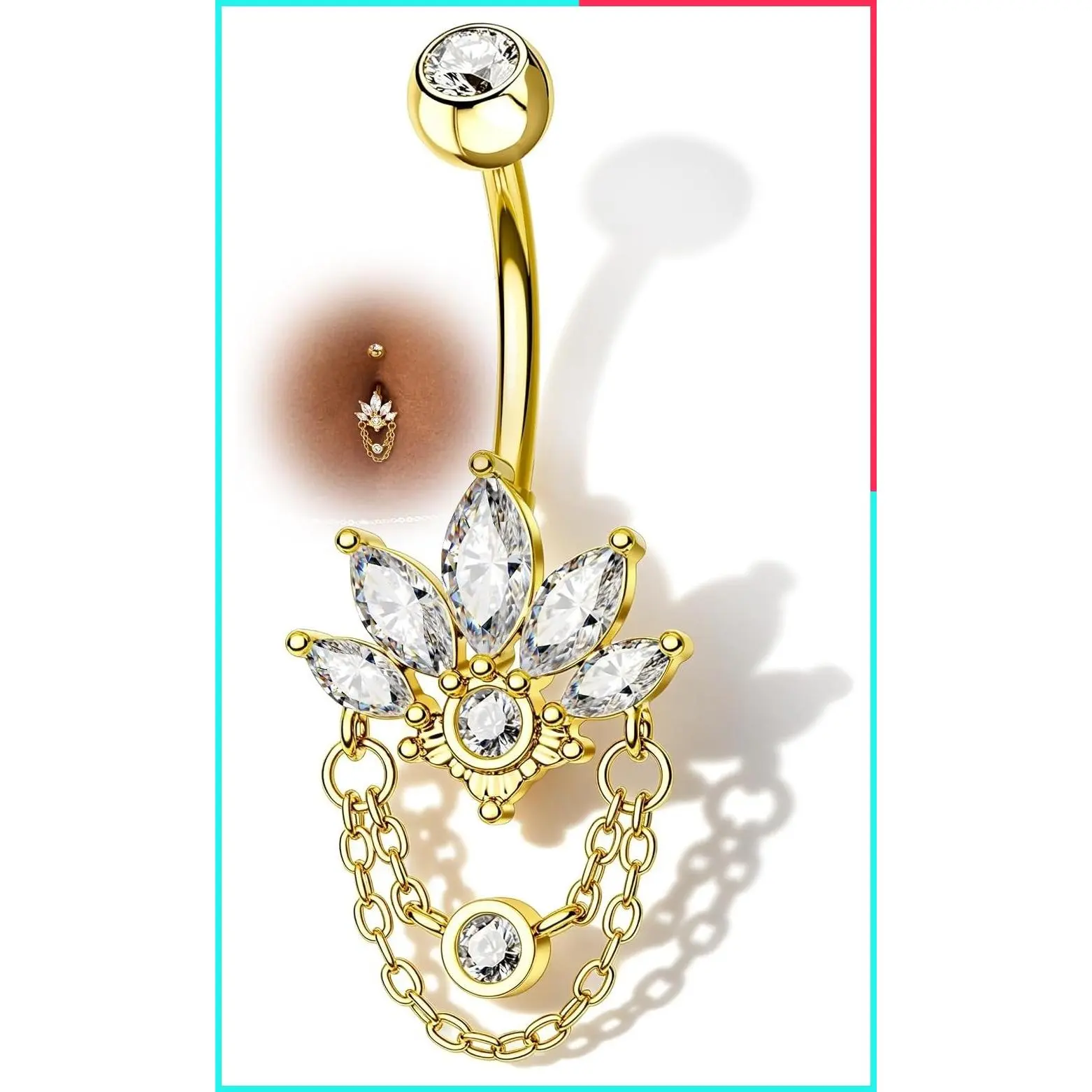 14G Lotus Dangle Belly Button Ring for Women Surgical Steel Navel Piercing Jewelry