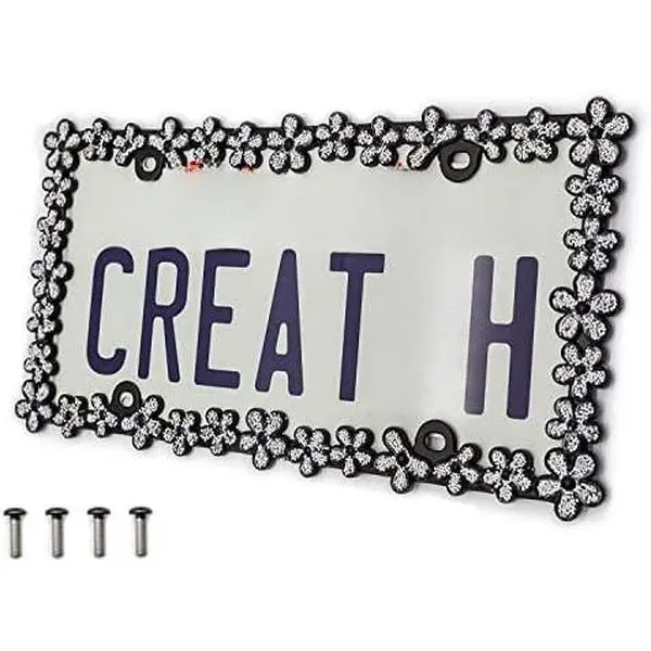3D Shining Daisy Wrenth License Plate Frame from Pure Zinc Alloy Metal Perfect Plate Holder,Matt Black with Silver Glitter