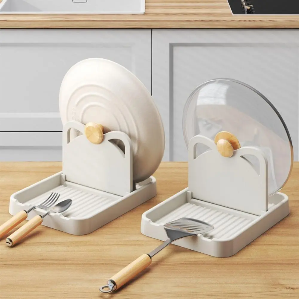 Foldable Kitchen Lid Holder Dual Slot Countertop Pot Cover Rack Wall Mountable Spatula Spoon Storage Tray with Drain Base Multi-Functional Kitchen Utensil Organizer