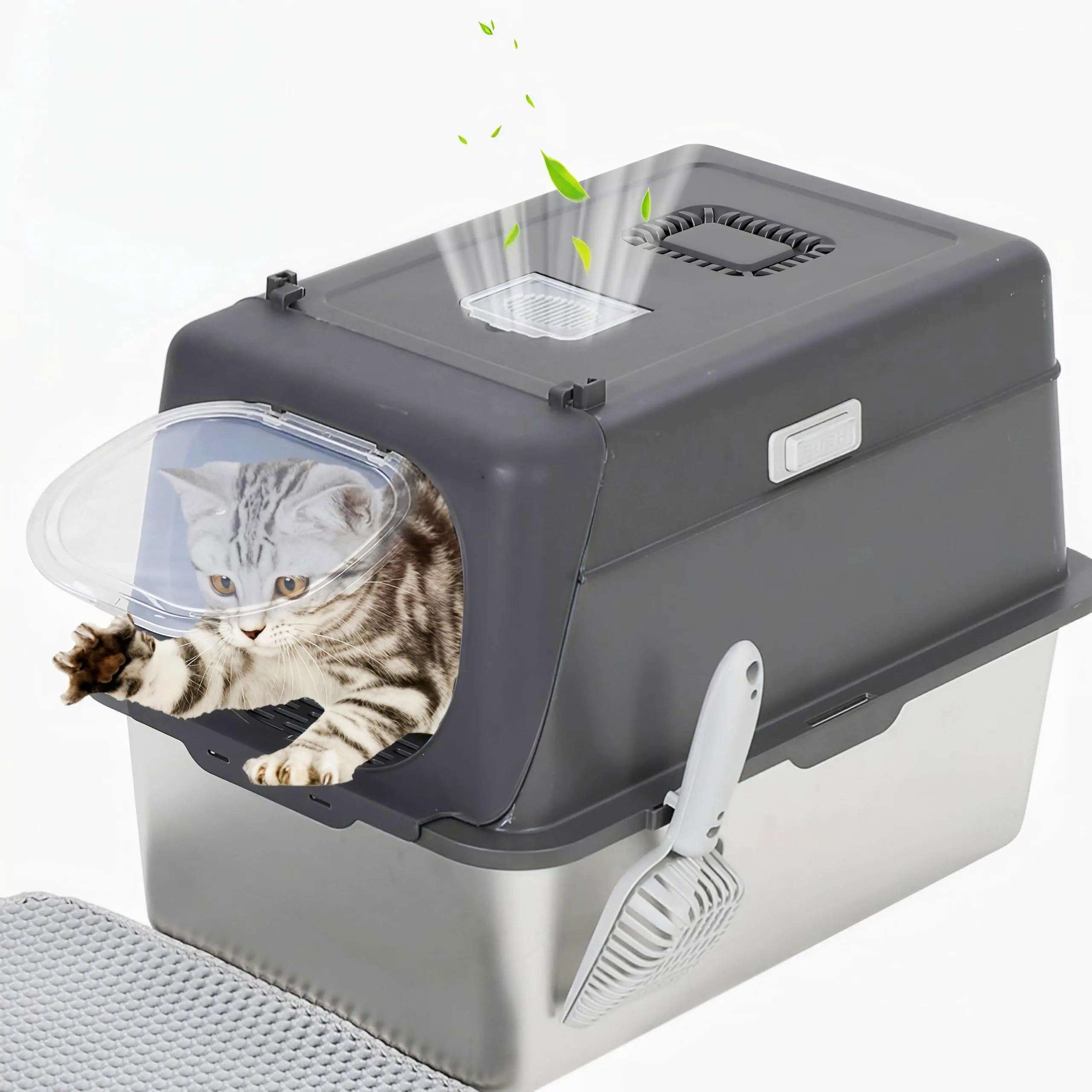 Stainless Steel Cat Litter Box with Lid, Odor Control, Anti-Litter Scatter, Large Enclosed Kitty Litter Pan with Scoop & Litter Mat for Indoor Cats, Mess-Free Bathroom Solution