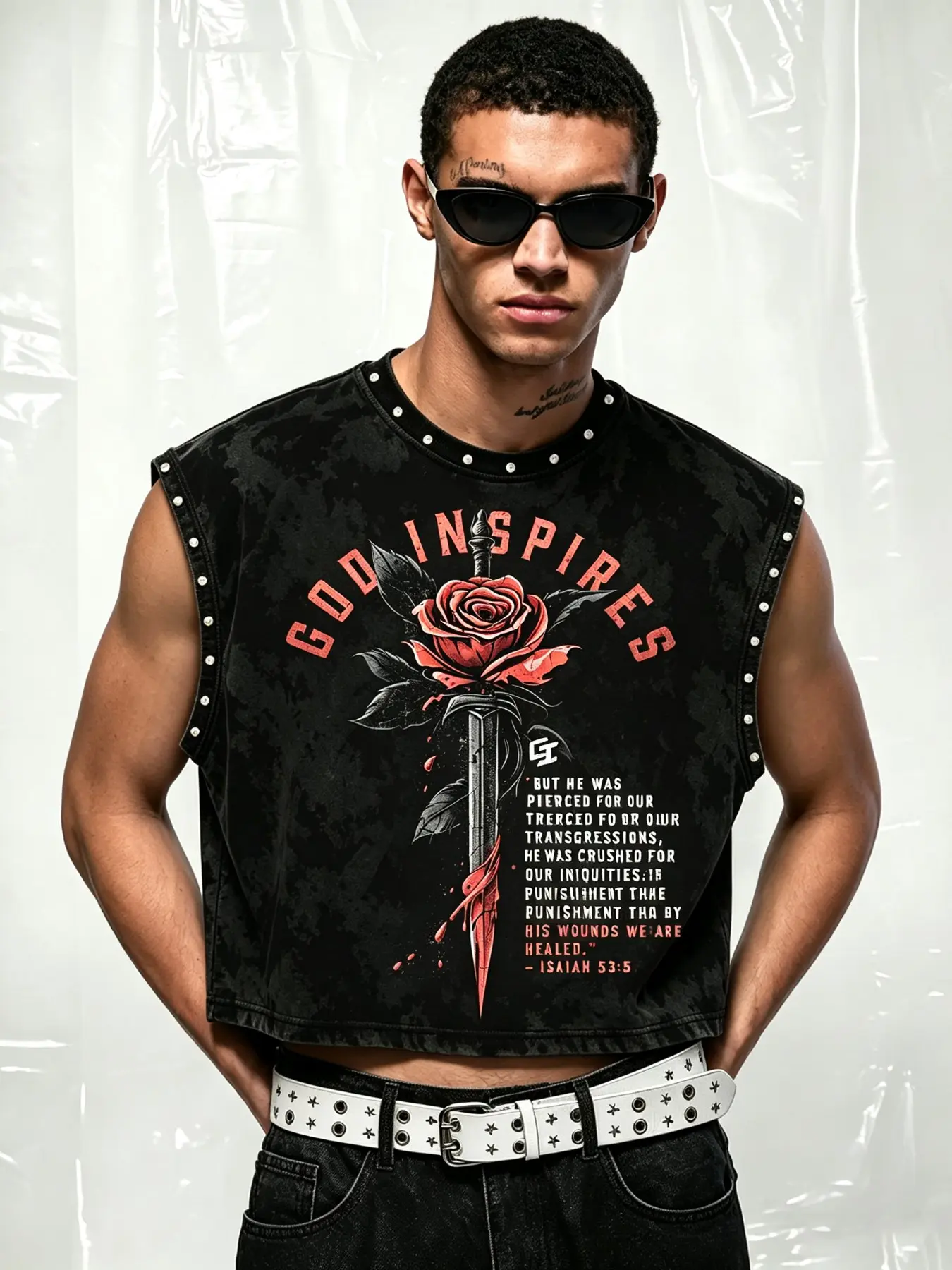 Men's Y2K Grunge Punk Distressed Bleach Crop Tank Top | Metal Stud Rose Sword Graphic Sleeveless Muscle Vest | Streetwear Gym, Motorcycle, Music Festival & Outdoor Hiking Top for Men