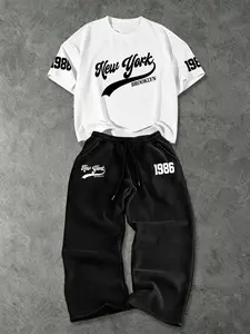 Men's American Style New York 1986 Print T-Shirt & Sweatpants Set, Brooklyn Retro Casual Two-Piece, Perfect for Daily Wear & Trendy Events