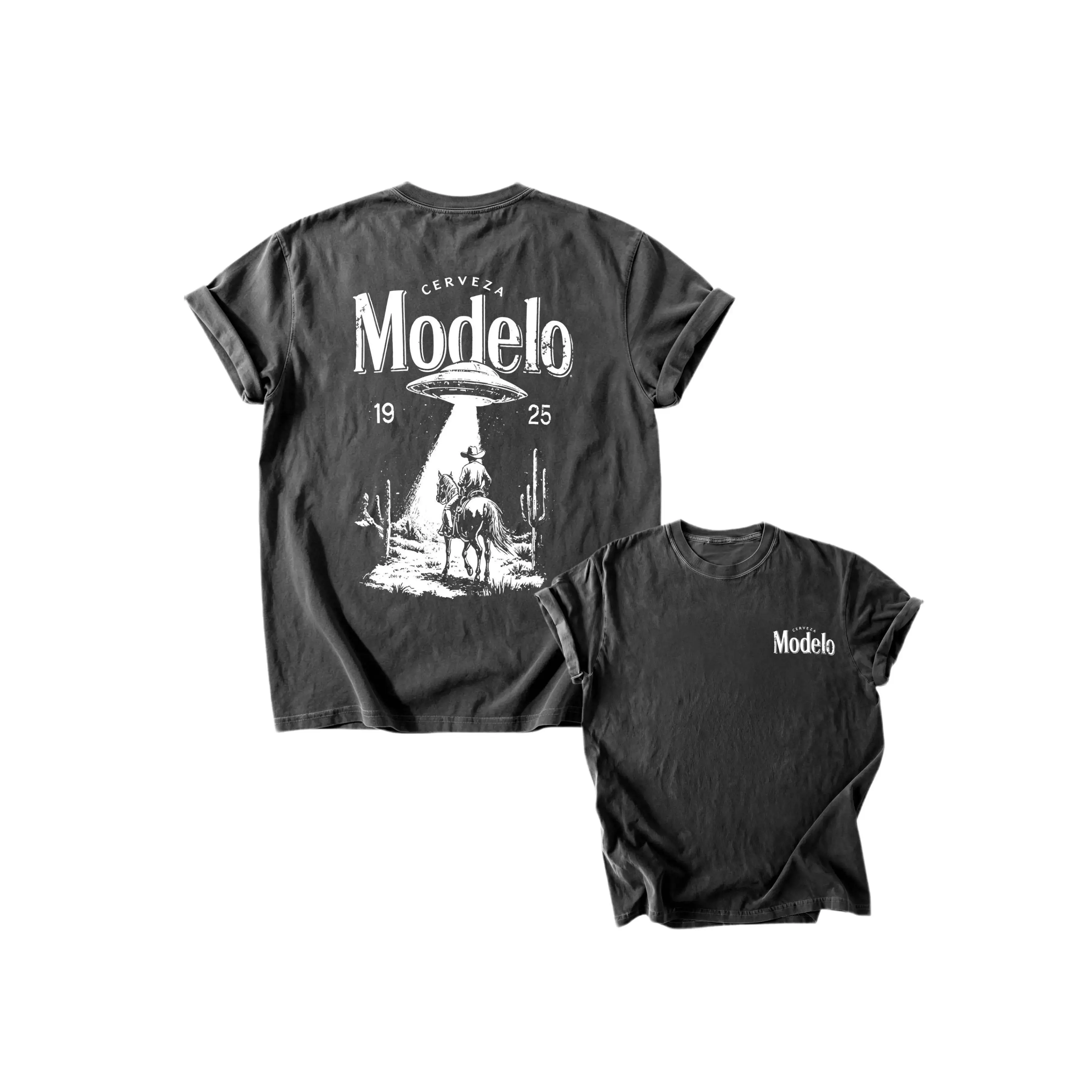 Modelo UFO Cowboy Graphic-Shirt – 230g Heavyweight Vintage Washed Cotton Retro Streetwear Tee With Cerveza Modelo Letter Print, UFO Western Cowboy Desert Scene Design, Y2K Oversized Casual Short Sleeve Men's Summer Fashion  Summervibes Stretch