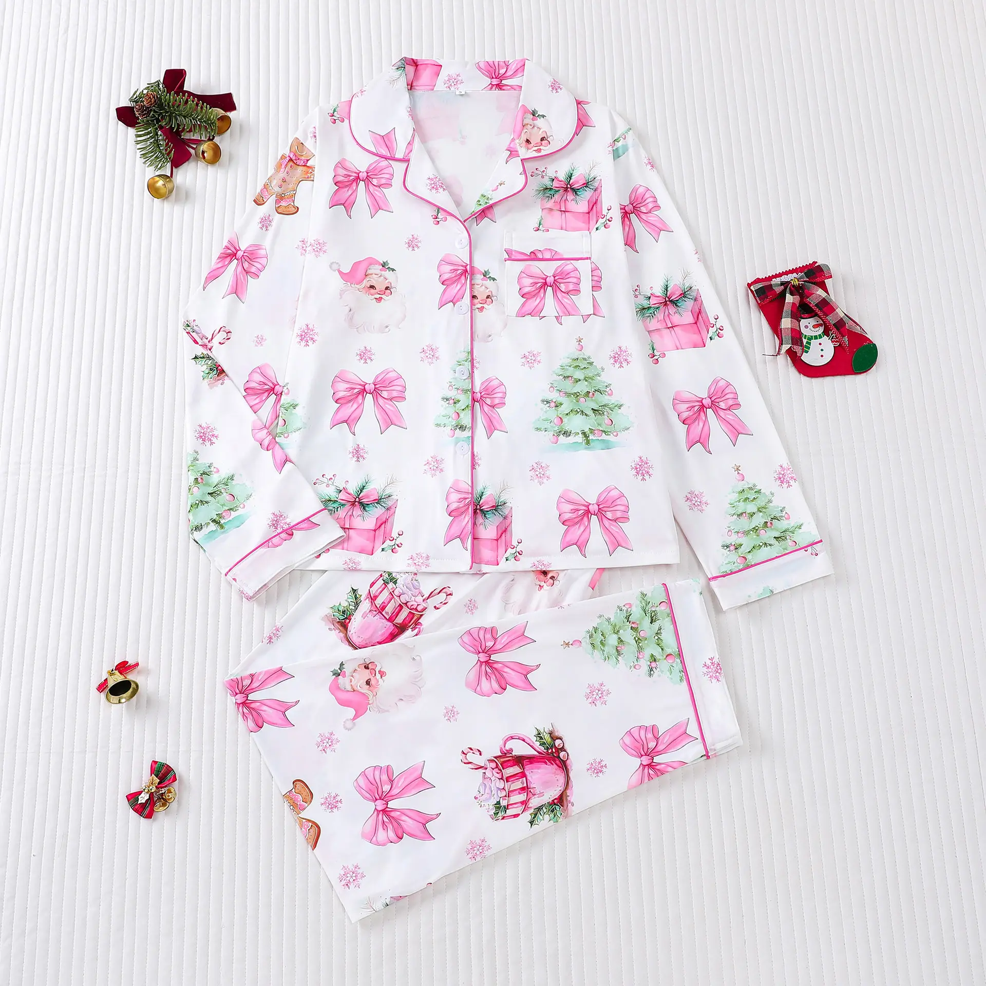 Women's 3-Piece Festive Motifs Pajama Set - Longsleeves Lapel Cardigan, Full-Length Pants, European-American Style Loungewear for Wholesale Cross-Border All-Season Sleepwear, Long Cardigan, Xl