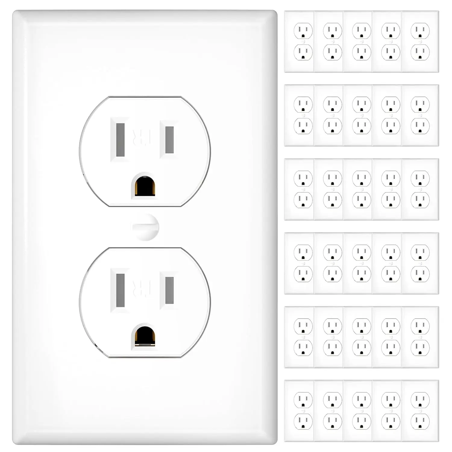 30 Pack 15 Amp Duplex Outlets with Wall Plates Bundle, UL Listed, Heavy-Duty 2-Pole 3-Wire Tamper Resistant Electrical Outlets Receptacles, Self-Grounding, Suitable for  and Business, White