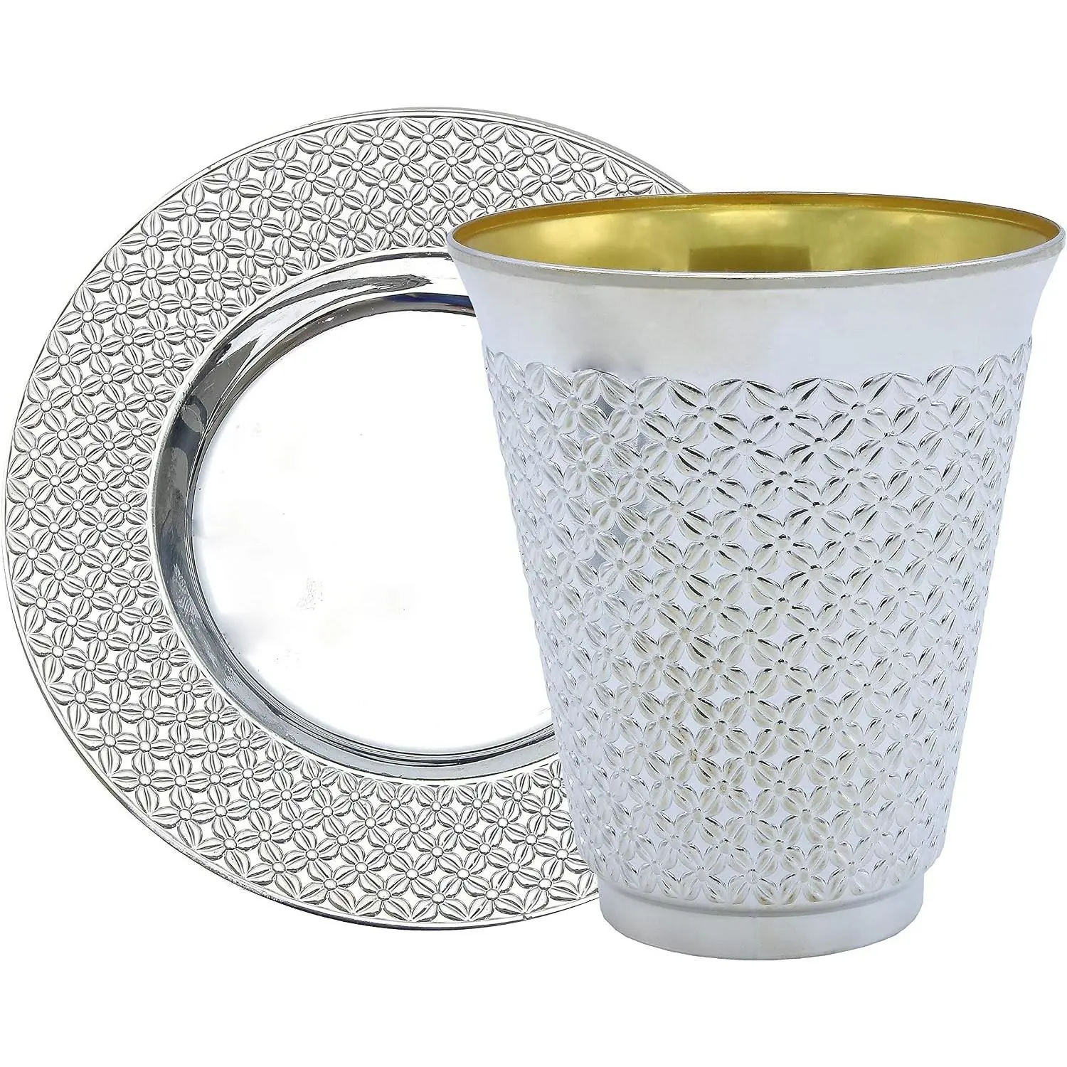 Exquisite 100 Pcs - 50 Sets of 5.5 oz Disposable Plastic Kiddush Cup and Tatz Silver Cup and Saucer Set for Passover, Shabbat, Wedding, Brit and Year Round - Bulk Pack