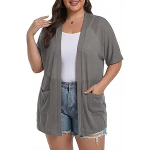 Plus Size Summer Cardigan for Women – Short Sleeve Lightweight Cover Up 2026 Open Front Beach Cardigan with Pockets(Gift)