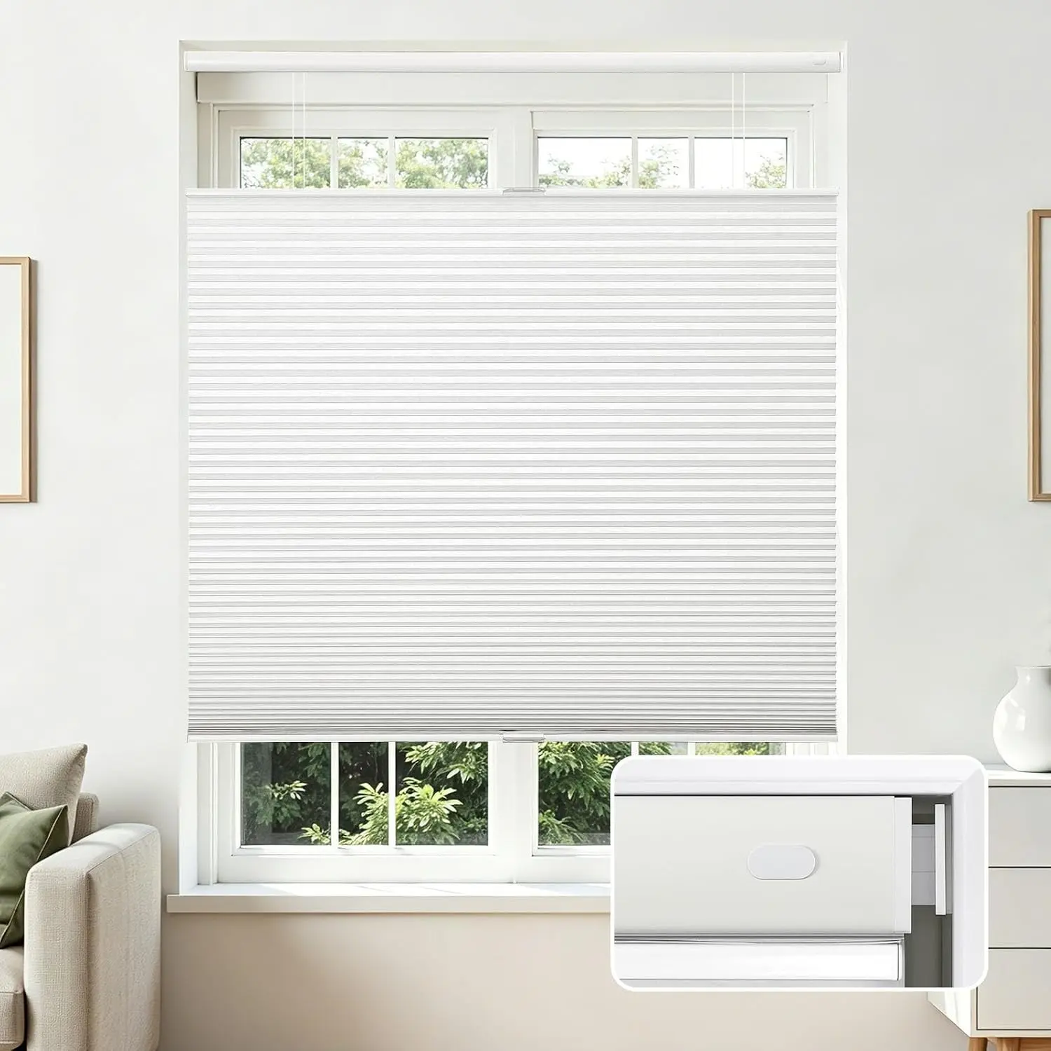 No Tools No Drill Blinds for Indoor Windows, Cordless Window Blinds Cellular Shades Top Down Bottom Up Blackout Honeycomb Blinds Thermal Insulated Noise Reduction (White, 35" W x 64" H), Cordless Thermal Insulation Honeycomb Shades for Bedroom, Livin