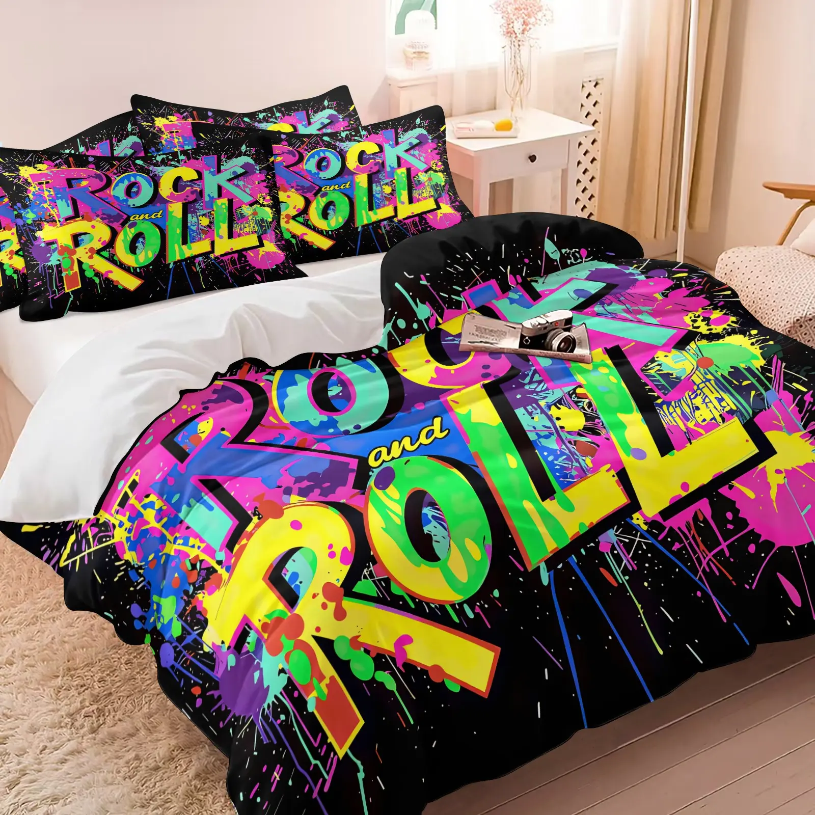 Vibrant Rock And Roll Graffiti Duvet Cover Set, 1 Duvet Cover & 1/2 Pillowcases, Color Splash Street Art Bedding Set, No Filling, Soft Microfiber Modern Rock Music Themed, For Teen Rock Fans Bedroom Home Decor