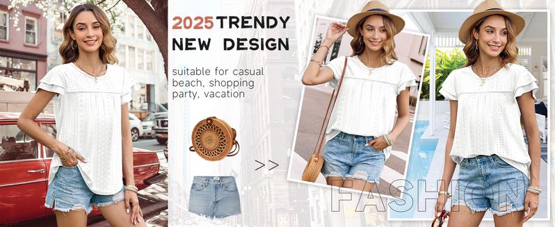 Women's Summer Tops Crewneck Eyelet Ruffle Short Sleeve Blouses Casual Babydoll Shirts 2025 S-2XL Lightweight Soft Knitted Fabric Trendy Babydoll Style