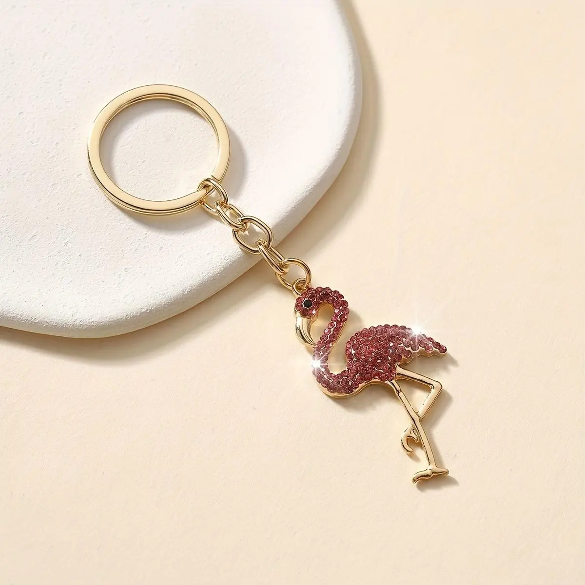 Glamorous Flamingo Keychain, Women's Gold-Tone Alloy Bag Charm with Glitter Pink Pave Rhinestones and Lobster Clasp, Glitter Finish, Glamorous Glitter Gold