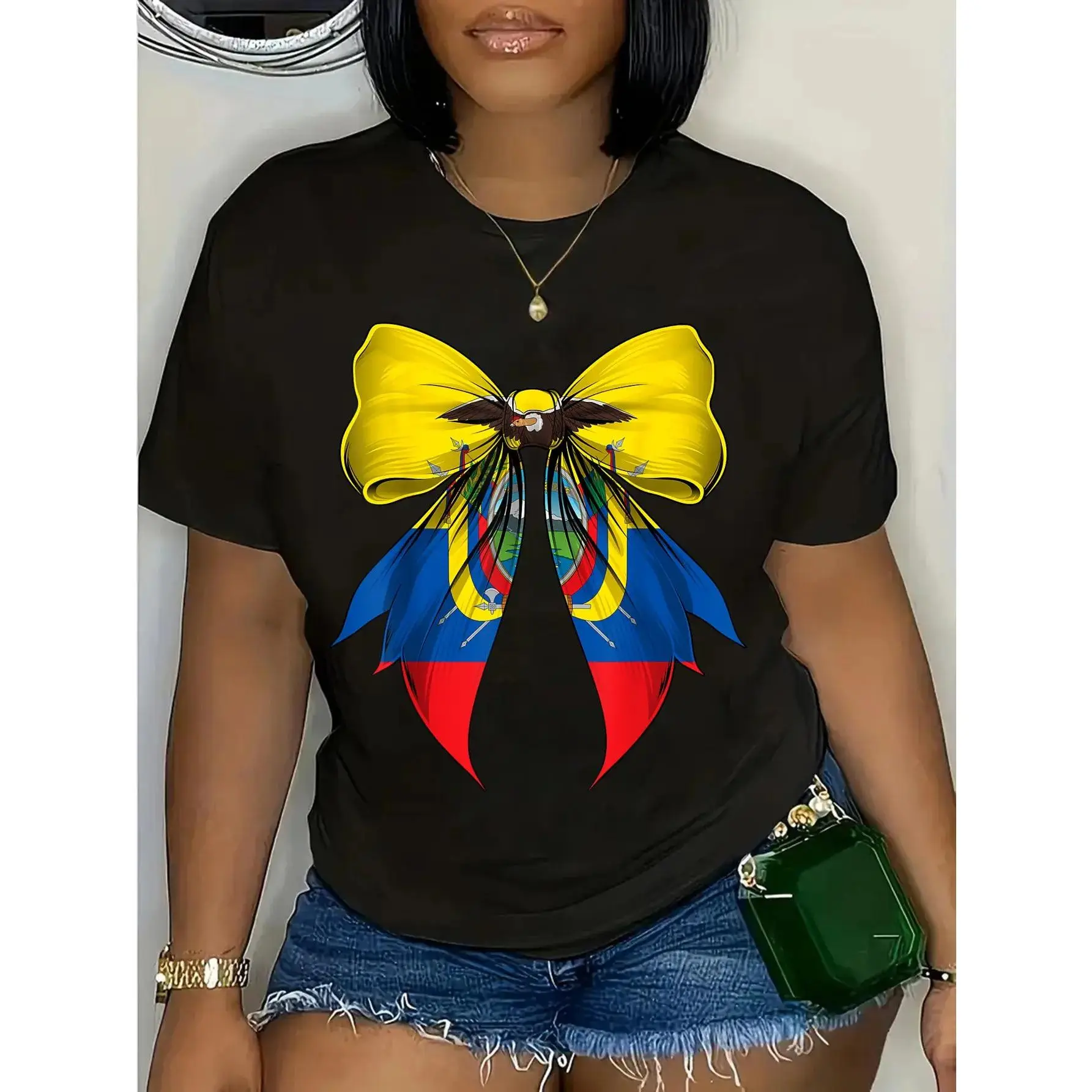 Women's 100% Cotton Short-Sleeve Round Neck All Over Print Ecuador Flag T-Shirt - Ecuadorian Pride, Coquette Ribbon, Big Size Bundle, Washed, Streetwear, All Seasons, Everyday Wear