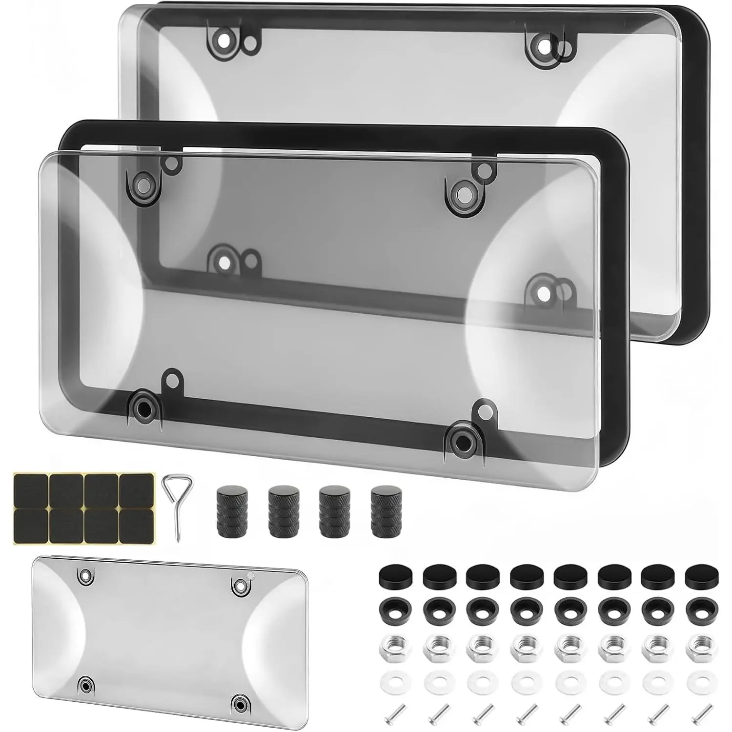 JOKG 2 Pack Clear License Plate Covers, Unbreakable Anti-Yellowing Tag Protectors, Street Legal Universal Car Plate Holders with Hardware, Anti-Rattle Pads & Caps
