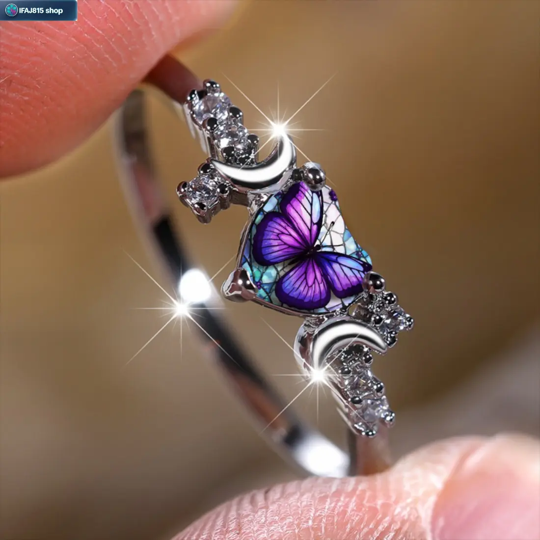 Cute Purple Butterfly Ring for Women, Aesthetic Crescent Moon Statement Jewelry with Dreamy Gradient Color, Unique Adjustable Fashion Ring for Everyday Outfit, Party, Date Night, Birthday Gift