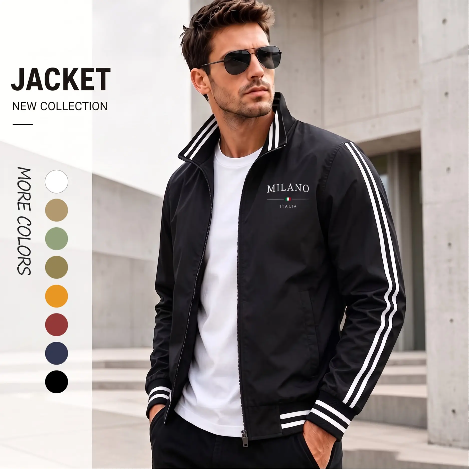 Men’s MILANO ITALIA Graphic Print Lightweight Bomber Jacket – Luxury Streetwear Flight Jacket with Minimal City Logo, Stripe Sleeve Detail, Full Zip Closure & Clean Athletic Urban Fit