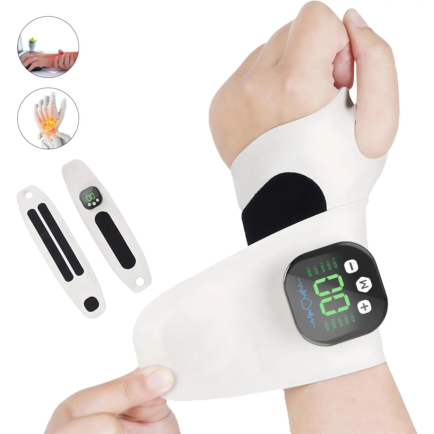 Portable Adjustable Hand Massager - EMS TENS Wrist Brace Lightweight Rechargeable Cordless, 10 Modes, 29 Intensity Levels, Heated Wrist Wrap with Heat for Sore Hands, Ideal for Home & Office, Gift for Mom, Daily