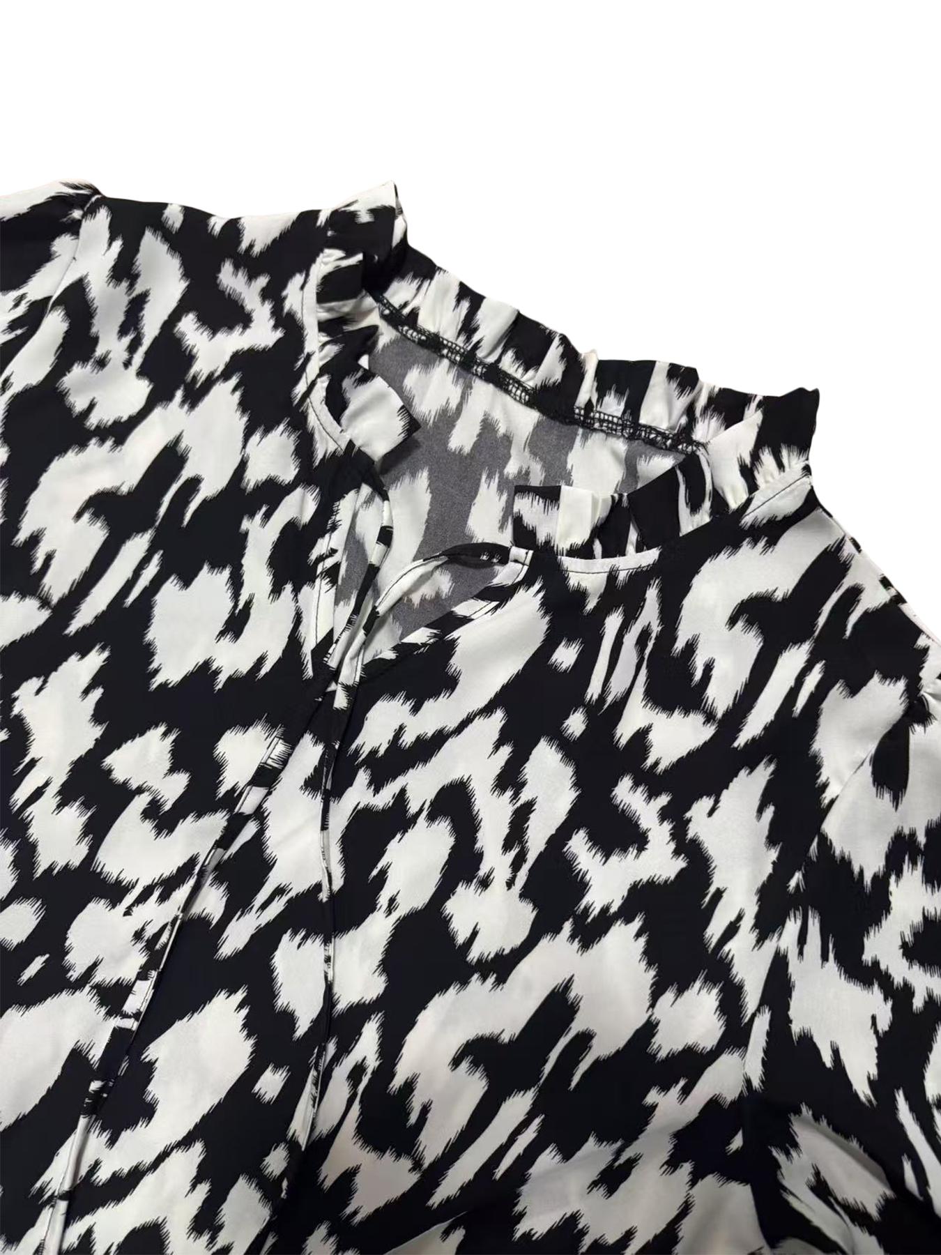 Plus Size Leopard Print Shirt Collar Blouse, Elegant Long Sleeve Woven Top for Spring & Fall, Women's Plus Size Clothing