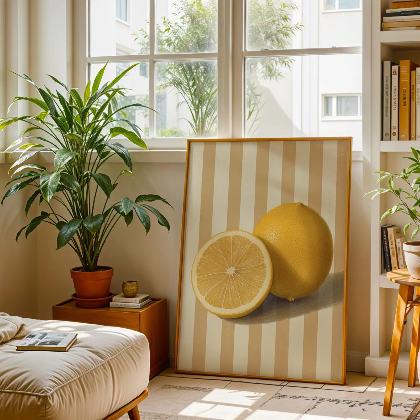 1pc Lemon Striped Background Poster, Unframed Whole & Sliced Lemon Fruit Wall Print, Minimalist Vintage Citrus Wall Art, Decor Picture for Kitchen, Dining Room, Home Wall Decor, No Frame