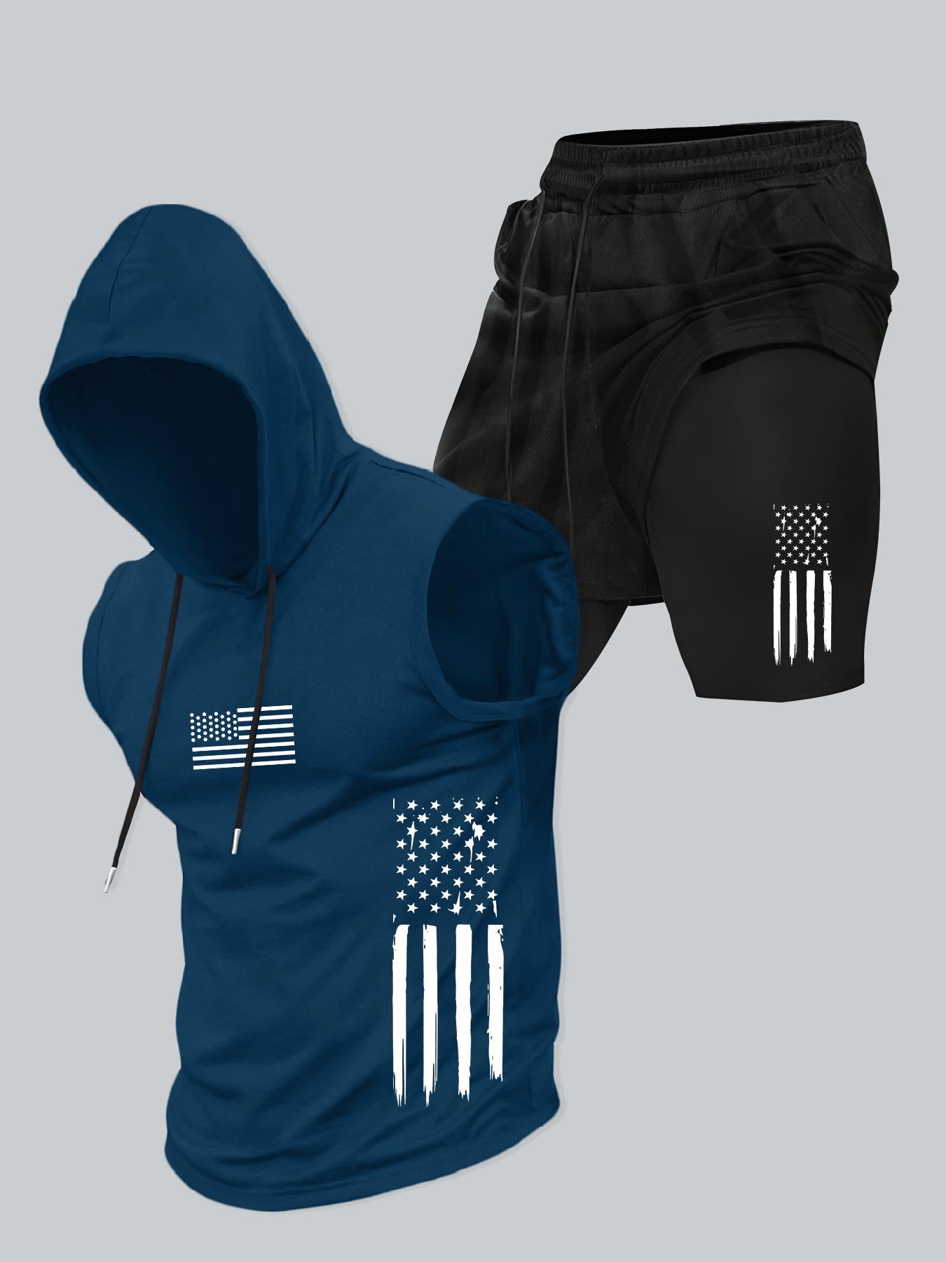Two-Piece Set Men's American Flag Print Hooded Tank Top & Shorts Set, Regular Fit Casual Sleeveless Top & Shorts, Men's Summer Activewear Sportswear Set Menswear Athletic Clothes