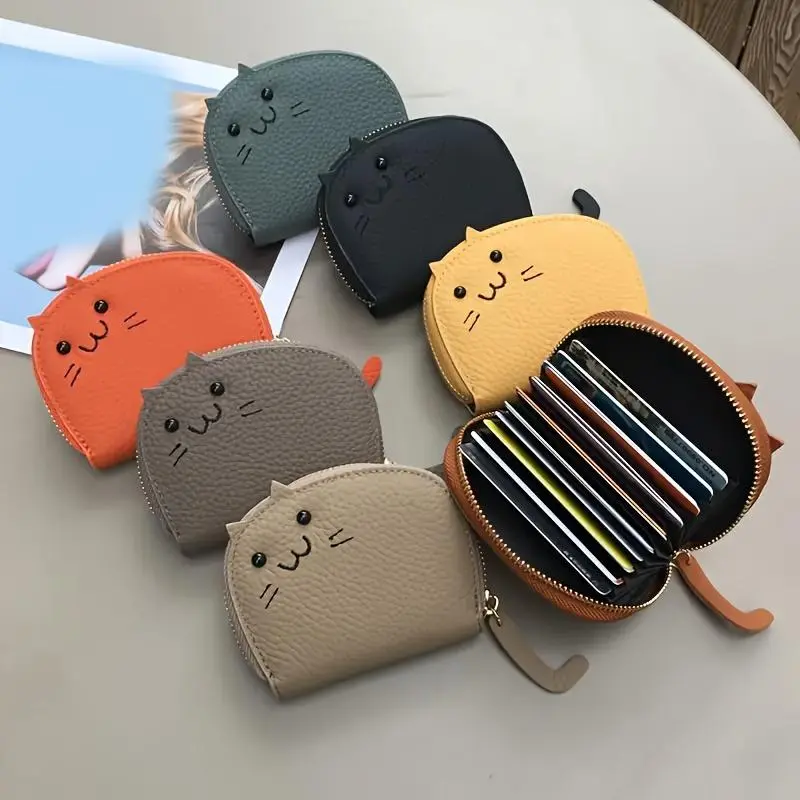 Cat-Design Synthetic Leather Compact Card Bag for Sports & Outdoor Protective Gear Accessories - Card Slots, Zipper-Secure Coin Purse, Polyester-Lined ID Holder, Card Saver, Chic