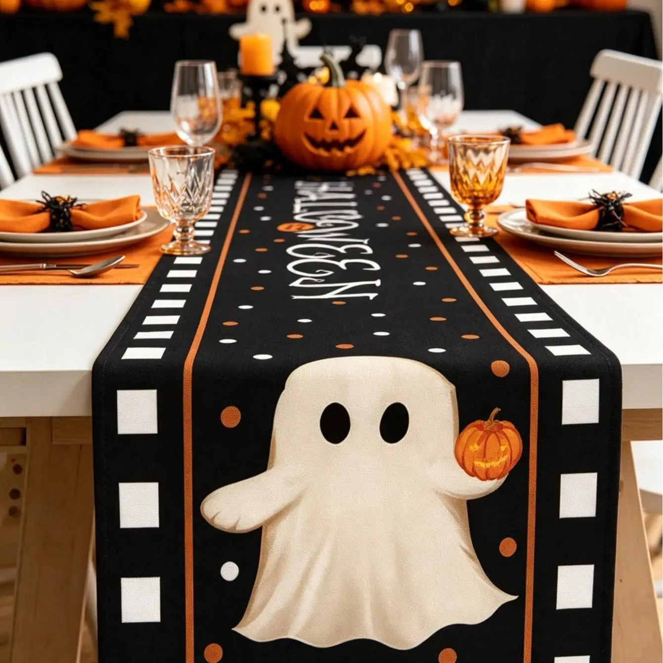 1Pc Cute Ghost Table Runner, Happy Halloween Decoration, Halloween Tablecloth Table Cover, 2026 Halloween Party Supplies, Halloween Tabletop Decor, Halloween Home Decor, Winter Decoration, Halloween Dining Room Kitchen Decor, Halloween Party Decor