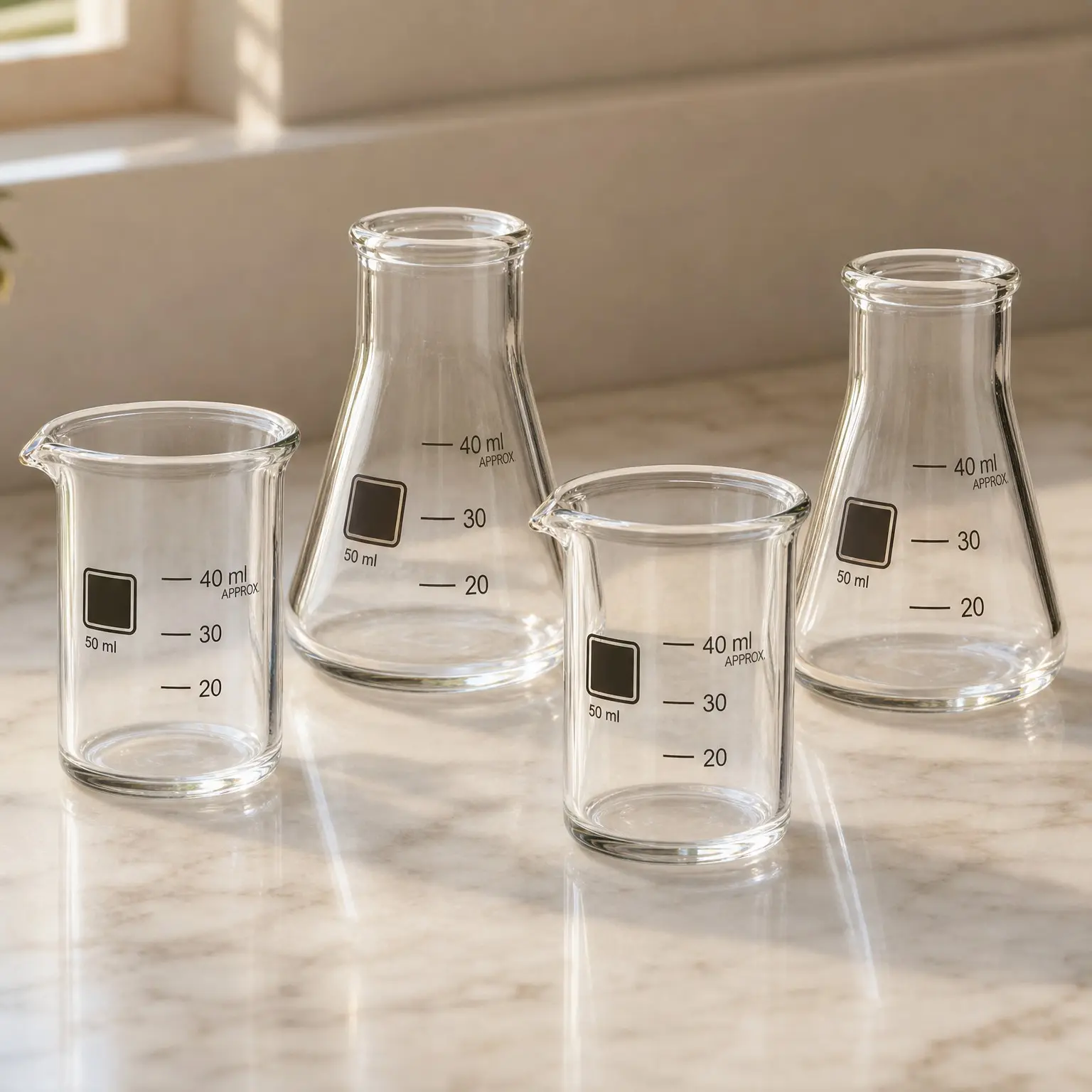 Laboratory Shot Glasses, Borosilicate Glass Beakers & Flasks with Kiln Fired Enamel Markings