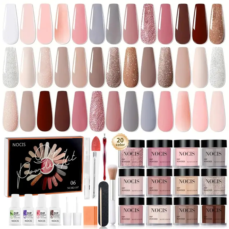 20 Color Glitter Dip Powder Nail Set, Glitter Acrylic Powder, Acrylic Dipping Powder, 33pcs/set Dip Powder Liquid Set with Top/Base Coat Activator for French Nail Art, DIY Nail Art Set, Nail Care, Nail Products, Nail Art Supplies