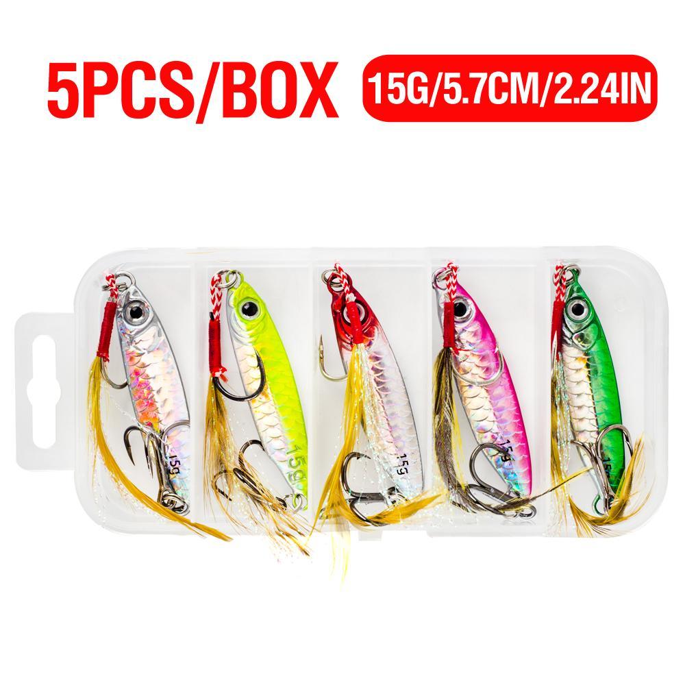 Artificial Fishing Lure Kit, 5 Counts/set Metal Jig with Treble Hook, Slow Jigging Lure for Fishing, Saltwater Artificial Bait for Fishing