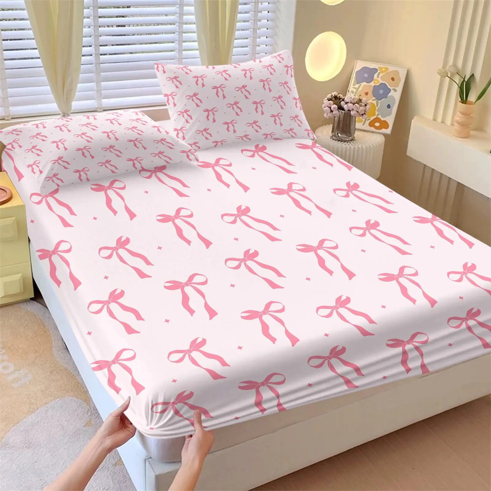3PCS White Base Pink Bow Star Fitted Sheet Set (1 Fitted Sheet + 2 Pillowcases),Soft Breathable Fabric,Deep Pocket Anti-Slip Design,HD Digital Printing,Cute Coquette All Season Bedding,Girly Sweet Bedroom Vibes