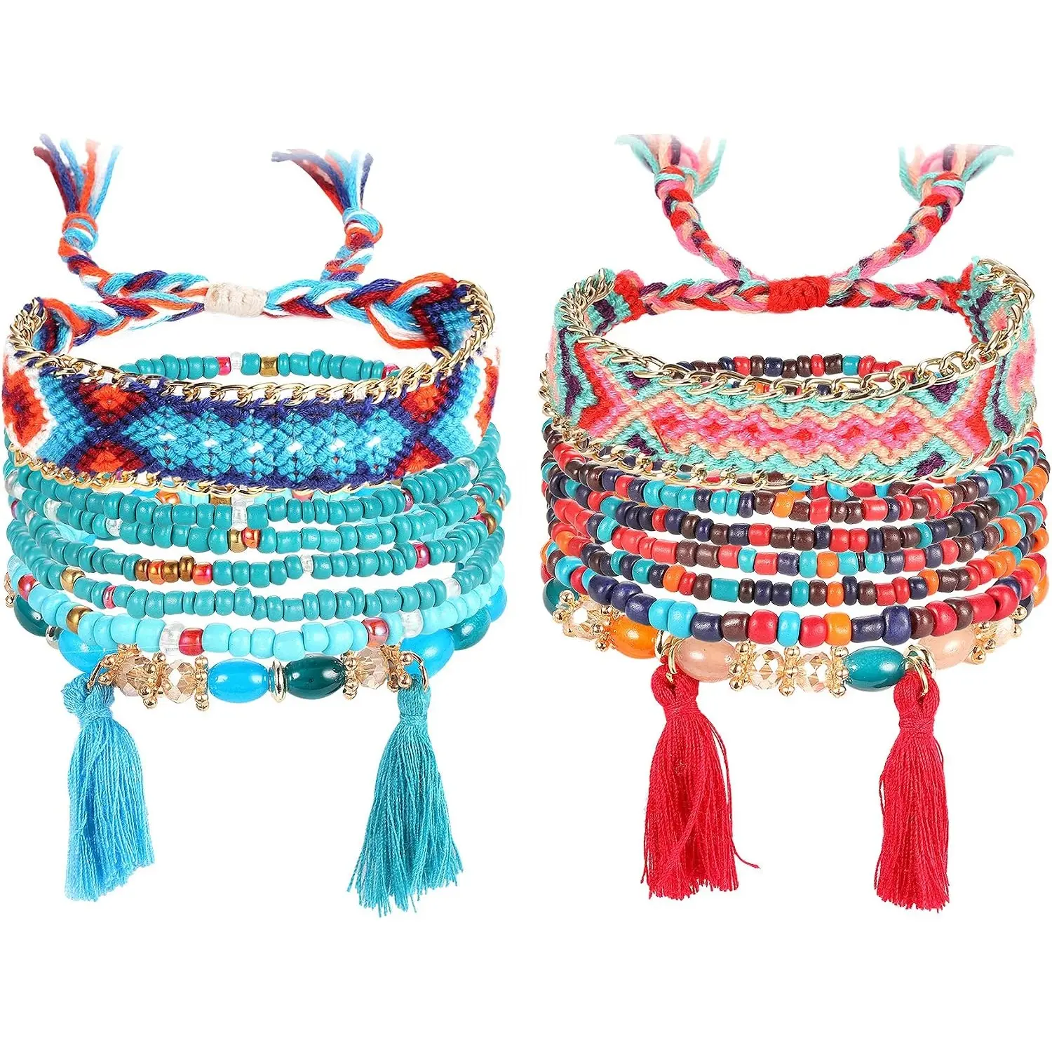 14-Piece VSCO Friendship Bracelets for Women, Adjustable Handmade Boho Woven Rope Beaded Braided Bracelets, Beach Surf Gifts for Teens, Boho Style Lovers, Daily Use